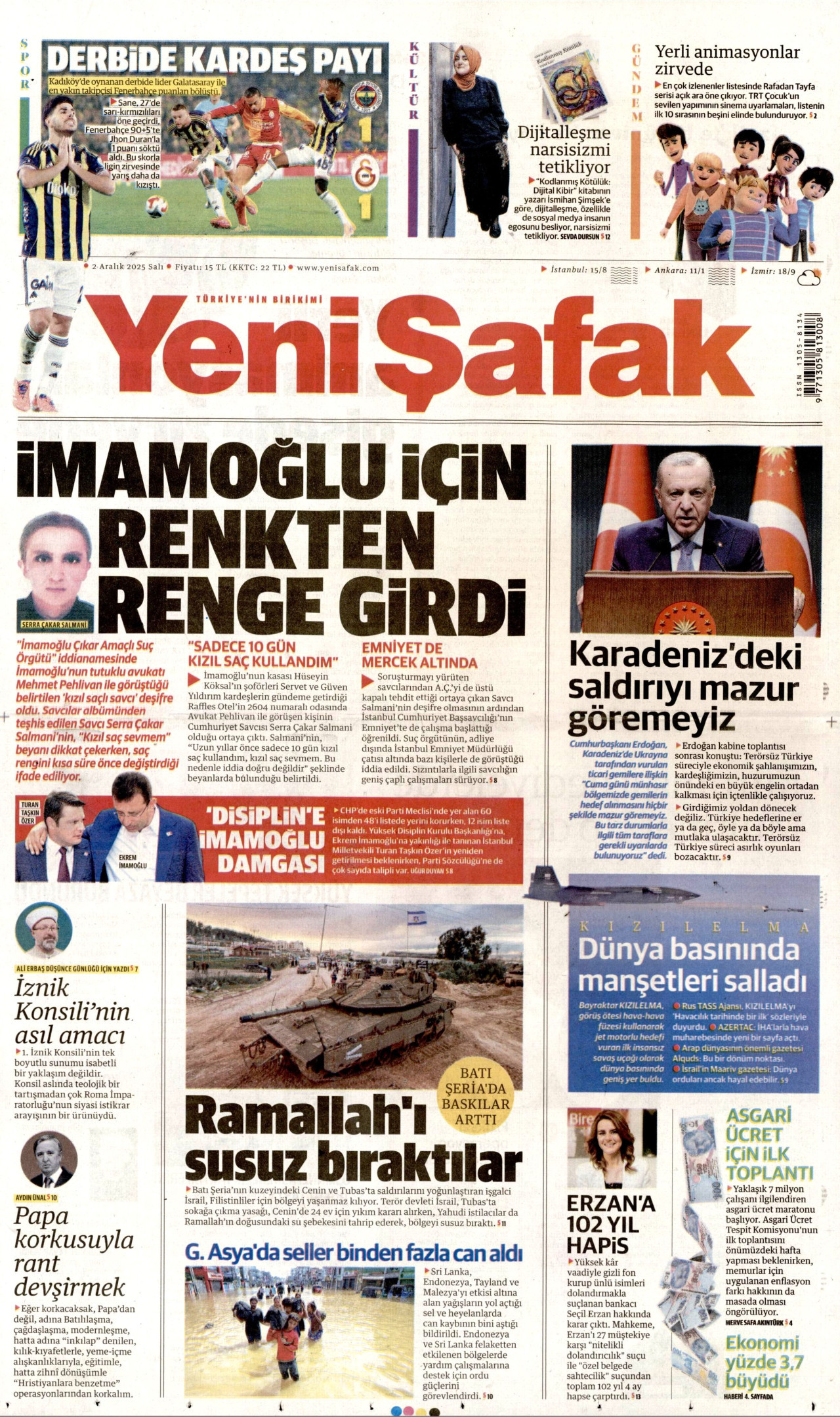 YENİ ŞAFAK gazetesinin 2 Aralık 2025 tarihli birinci sayfası