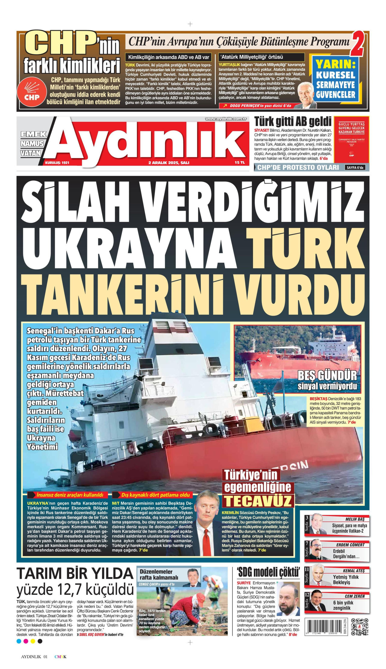 AYDINLIK GAZETESİ gazetesinin 2 Aralık 2025 tarihli birinci sayfası