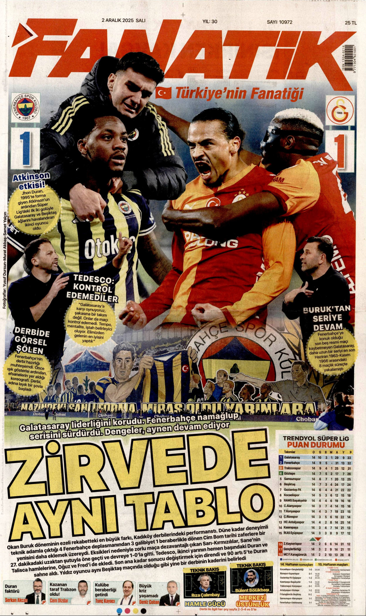 FANATİK gazetesinin 2 Aralık 2025 tarihli birinci sayfası