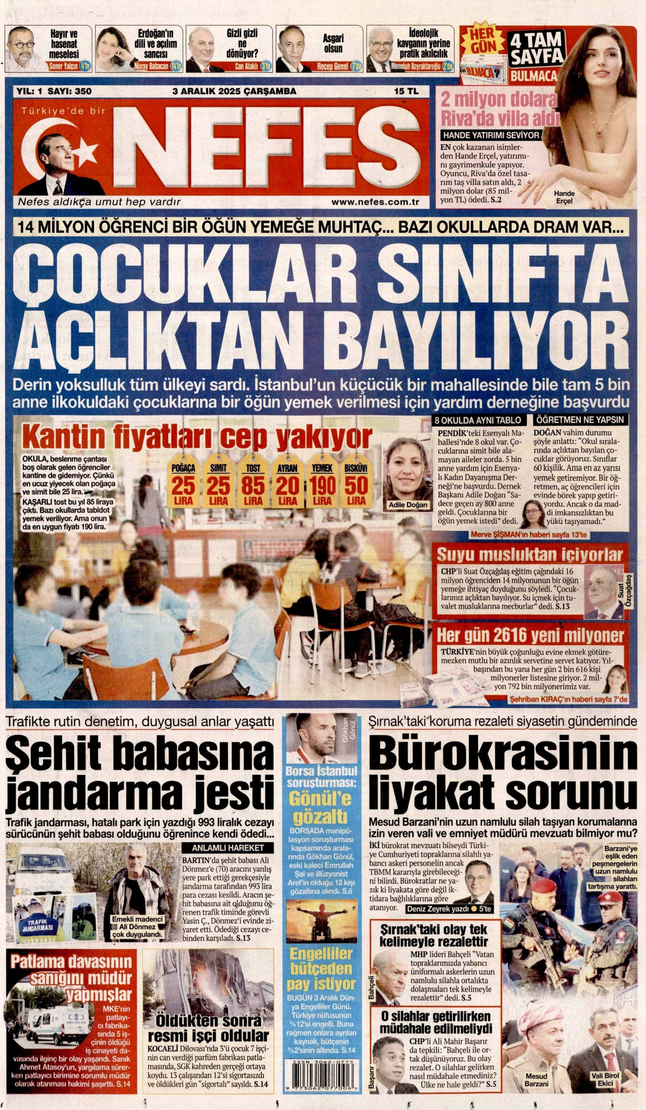 NEFES gazetesinin 3 Aralık 2025 tarihli birinci sayfası