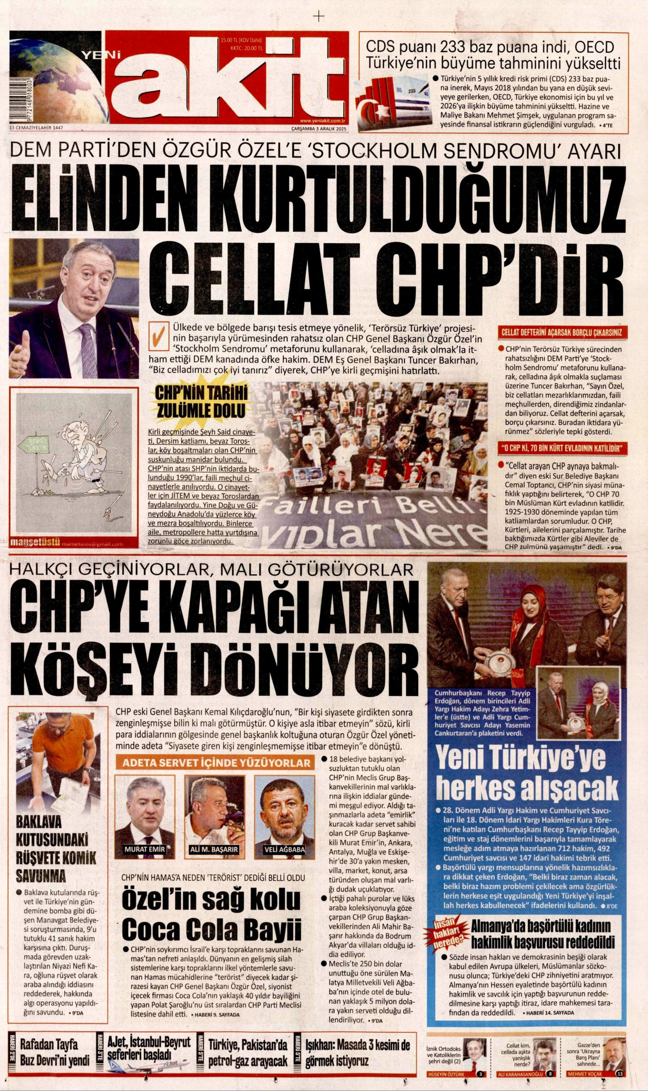 YENİ AKİT gazetesinin 3 Aralık 2025 tarihli birinci sayfası