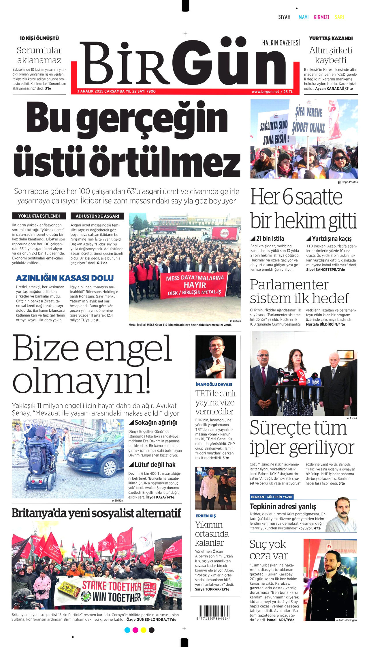 BİRGÜN gazetesinin 3 Aralık 2025 tarihli birinci sayfası