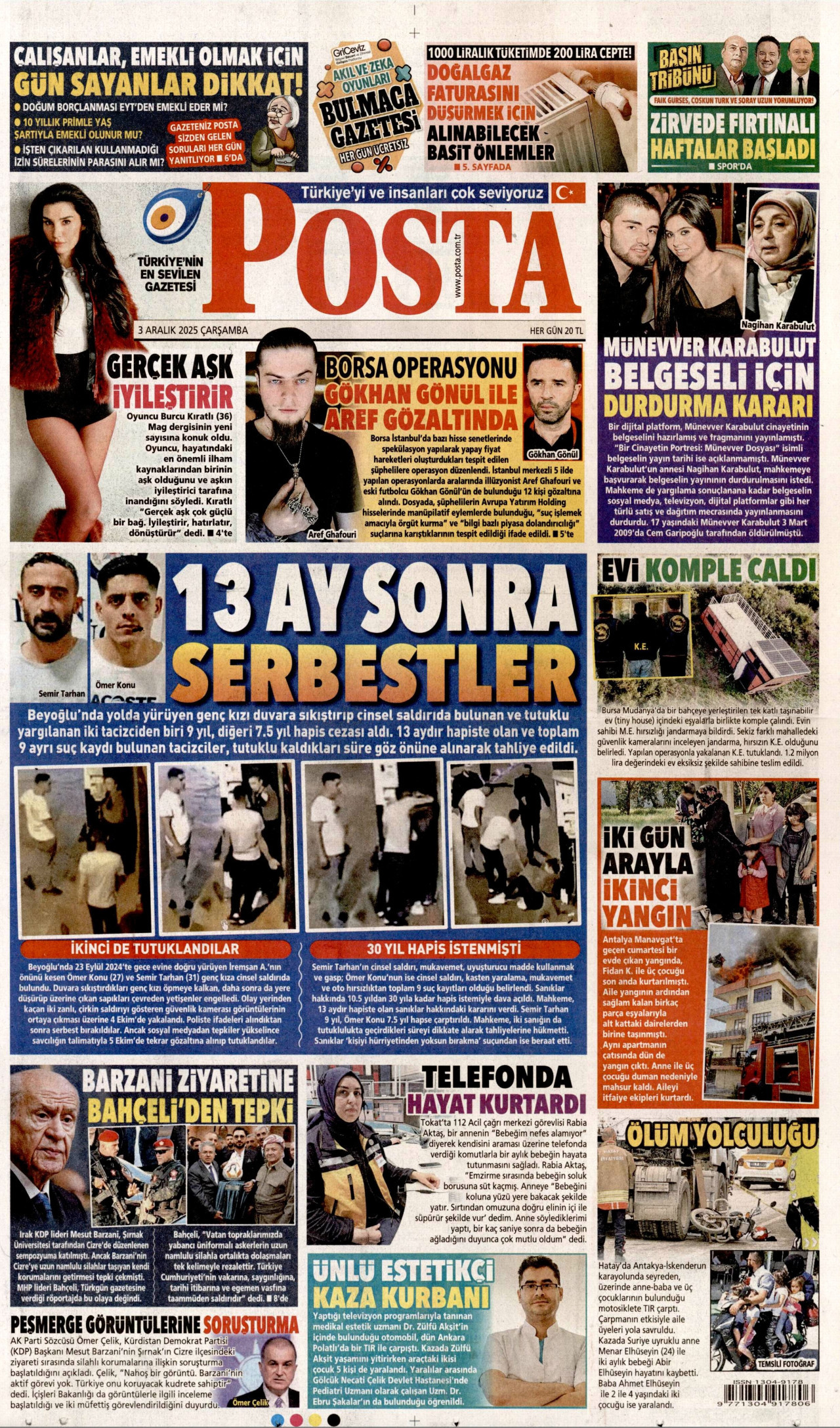 POSTA gazetesinin 3 Aralık 2025 tarihli birinci sayfası