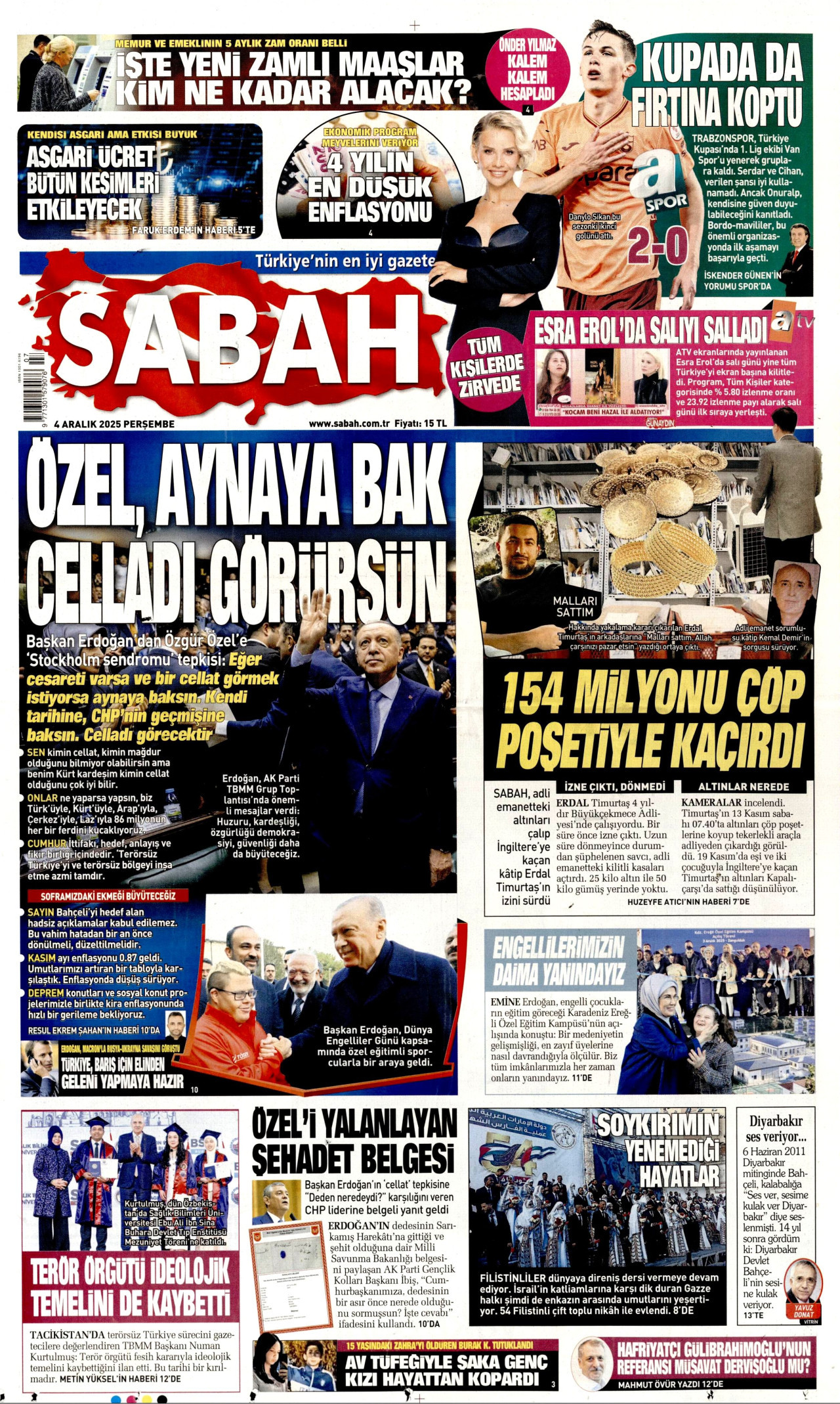 SABAH gazetesinin 4 Aralık 2025 tarihli birinci sayfası