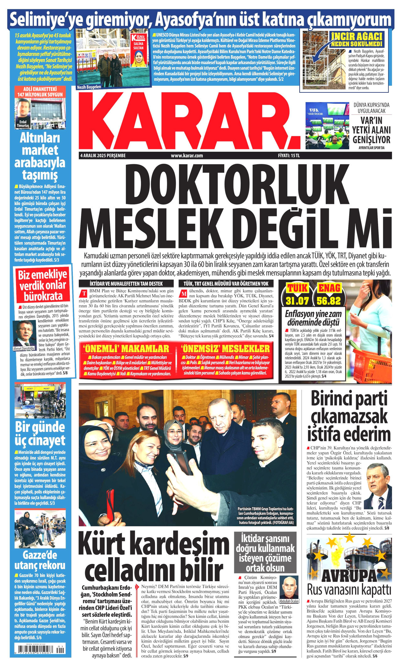 KARAR gazetesinin 4 Aralık 2025 tarihli birinci sayfası