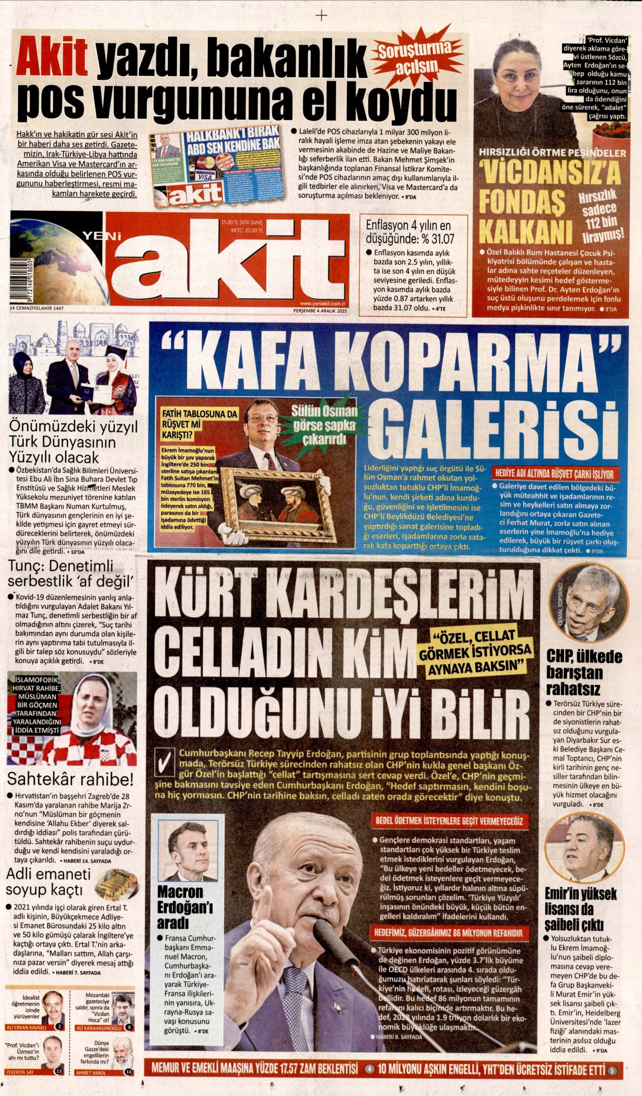 YENİ AKİT gazetesinin 4 Aralık 2025 tarihli birinci sayfası