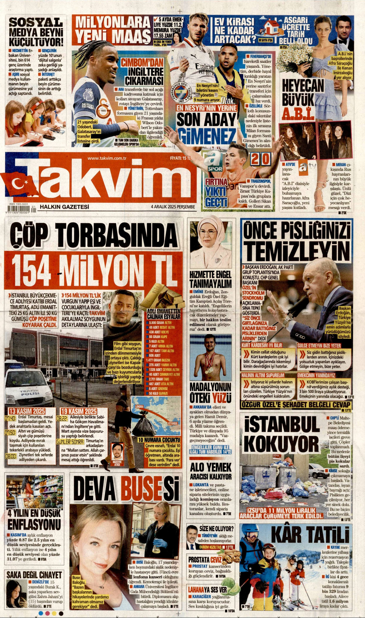 TAKVİM gazetesinin 4 Aralık 2025 tarihli birinci sayfası