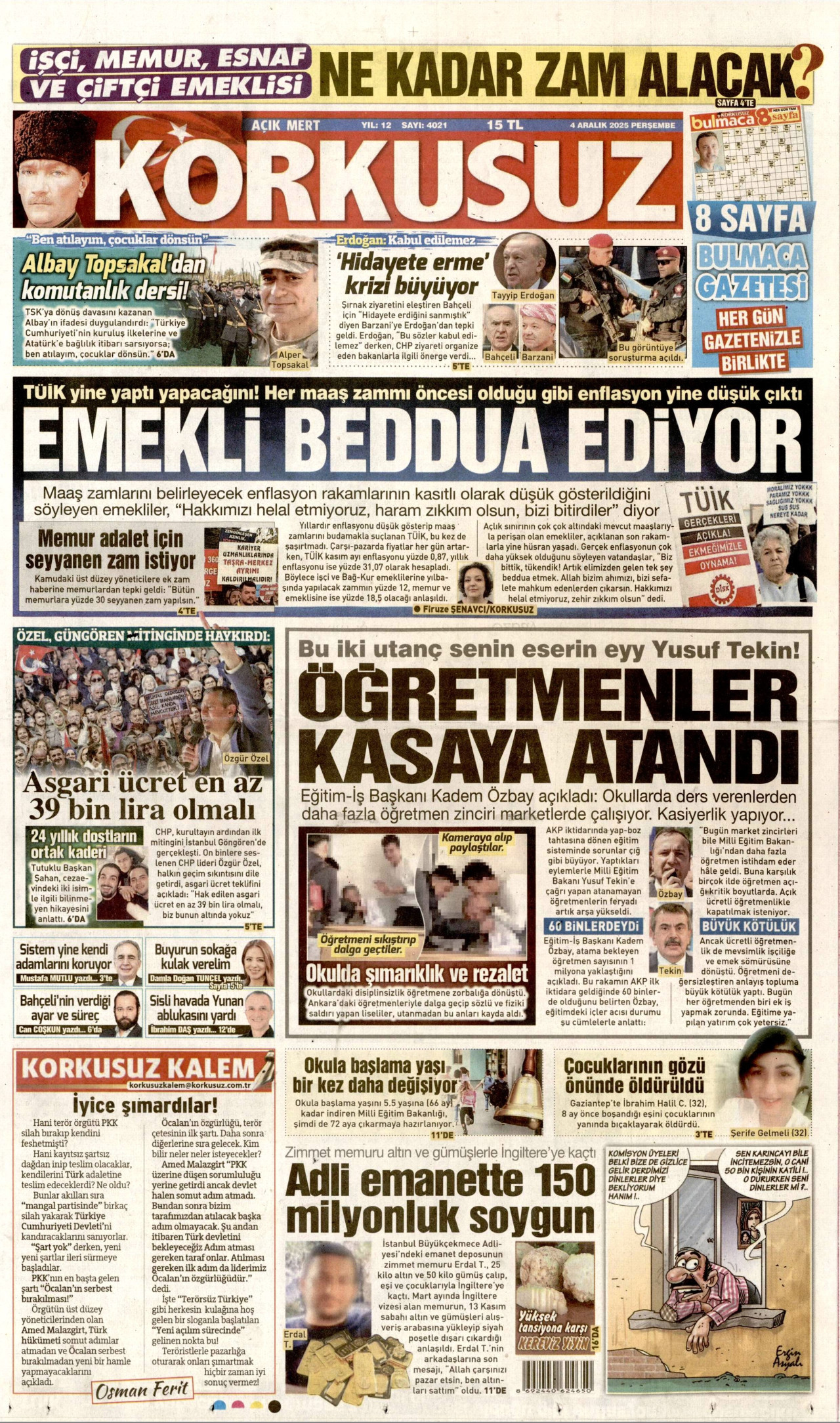 KORKUSUZ gazetesinin 4 Aralık 2025 tarihli birinci sayfası