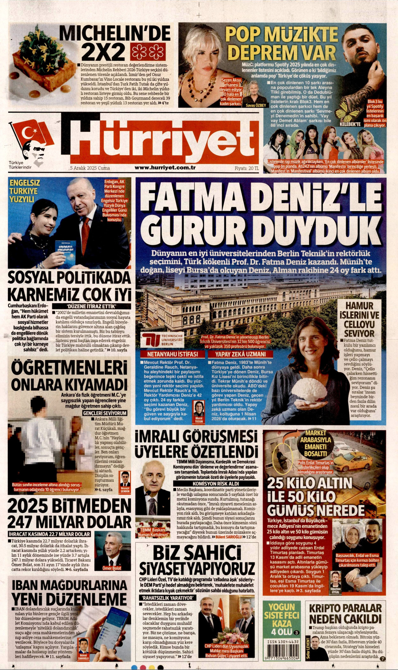 HÜRRİYET gazetesinin 5 Aralık 2025 tarihli birinci sayfası