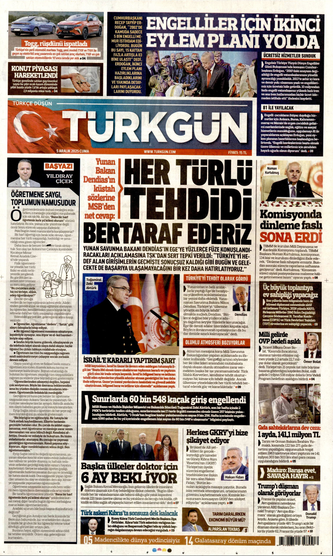TÜRKGÜN gazetesinin 5 Aralık 2025 tarihli birinci sayfası