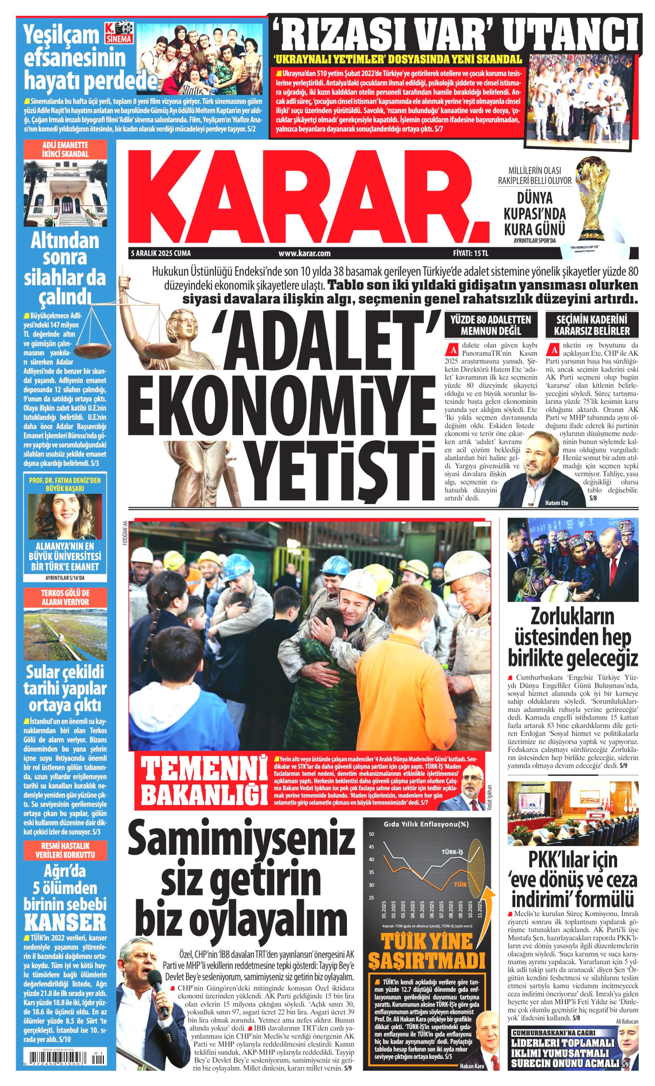 KARAR gazetesinin 5 Aralık 2025 tarihli birinci sayfası