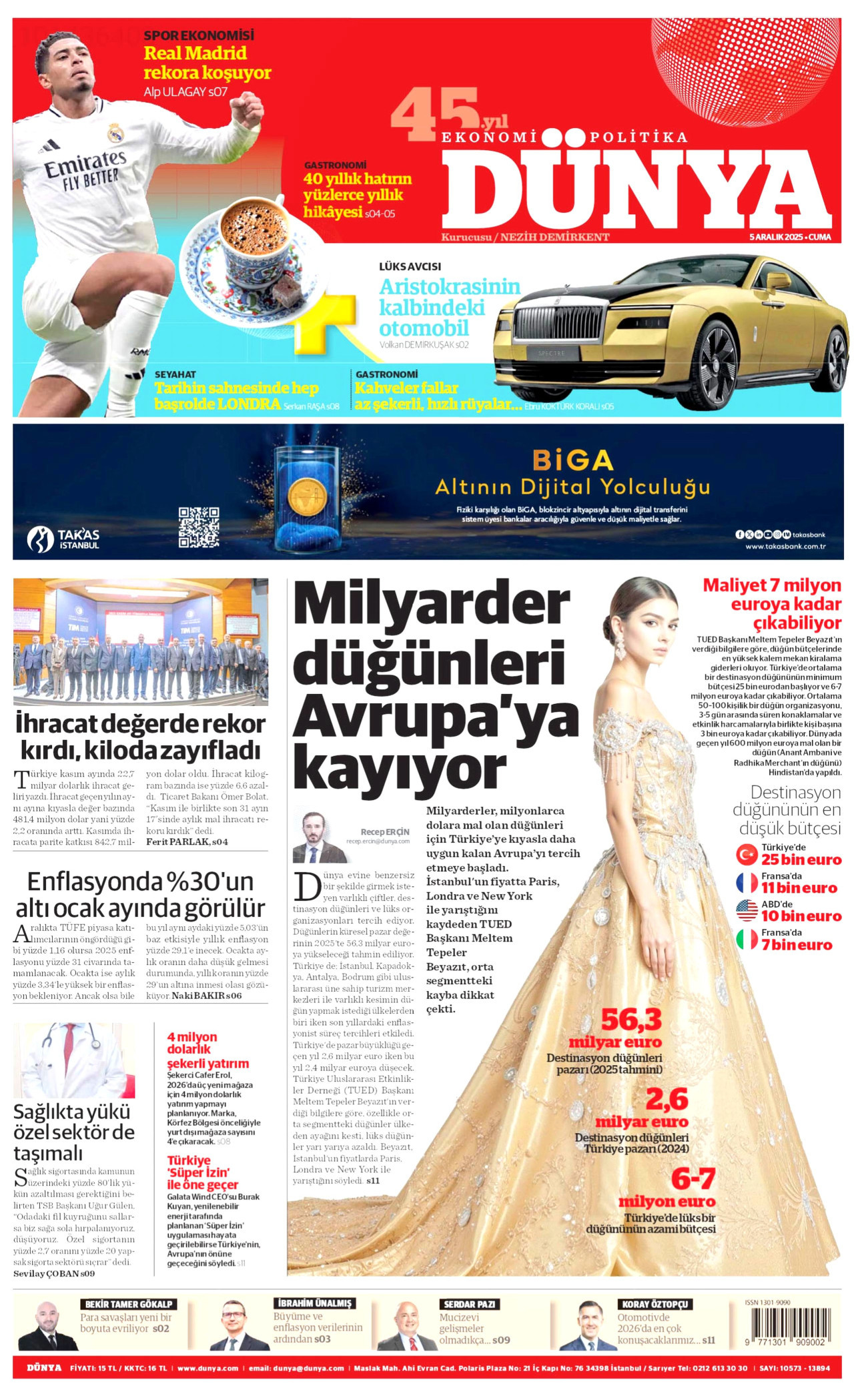 DÜNYA gazetesinin 5 Aralık 2025 tarihli birinci sayfası