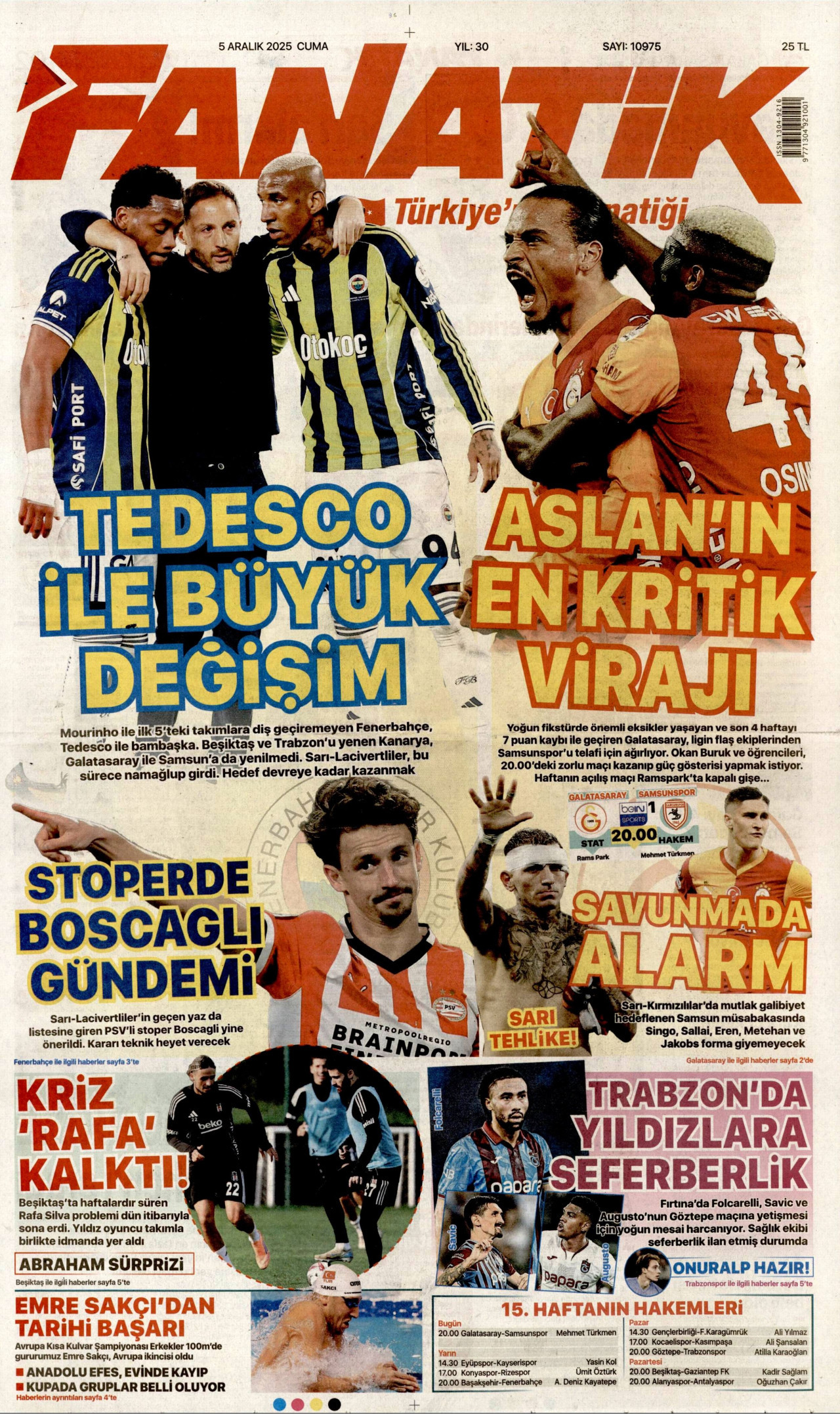 FANATİK gazetesinin 5 Aralık 2025 tarihli birinci sayfası