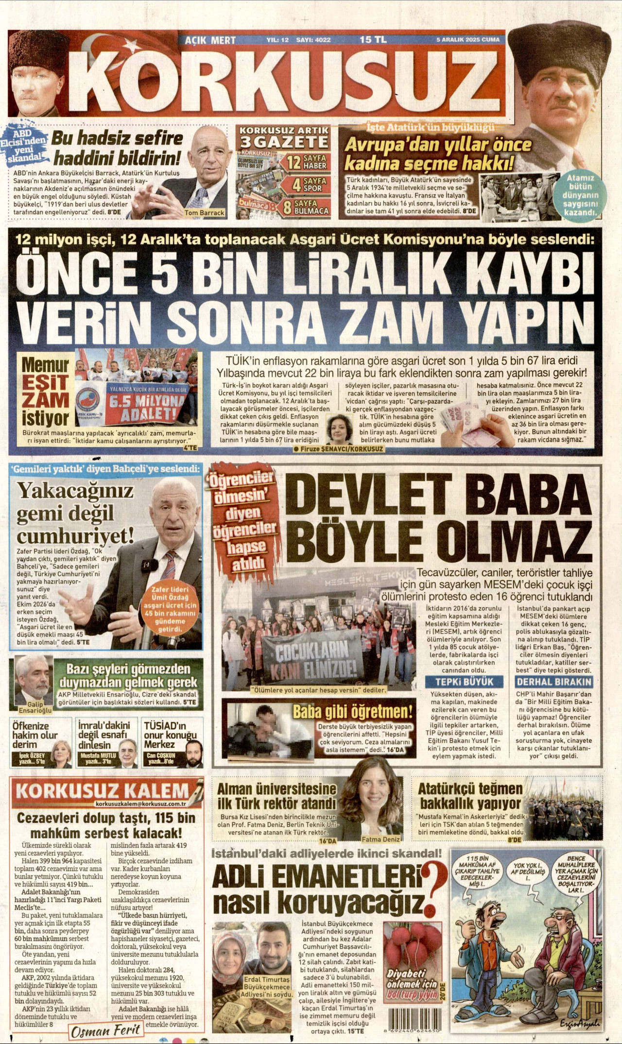 KORKUSUZ gazetesinin 5 Aralık 2025 tarihli birinci sayfası