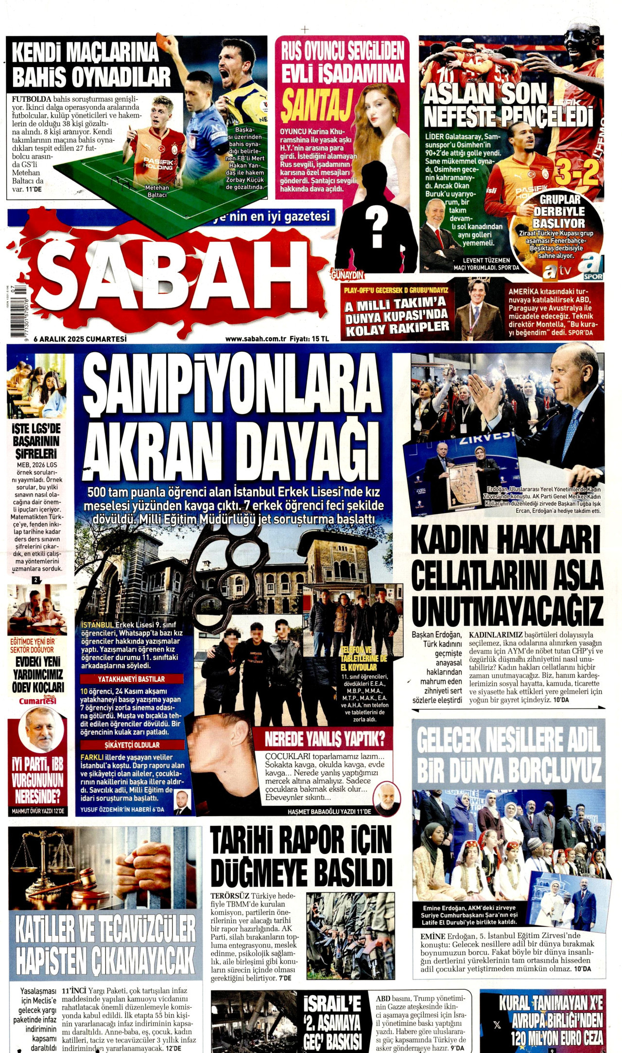 SABAH gazetesinin 6 Aralık 2025 tarihli birinci sayfası