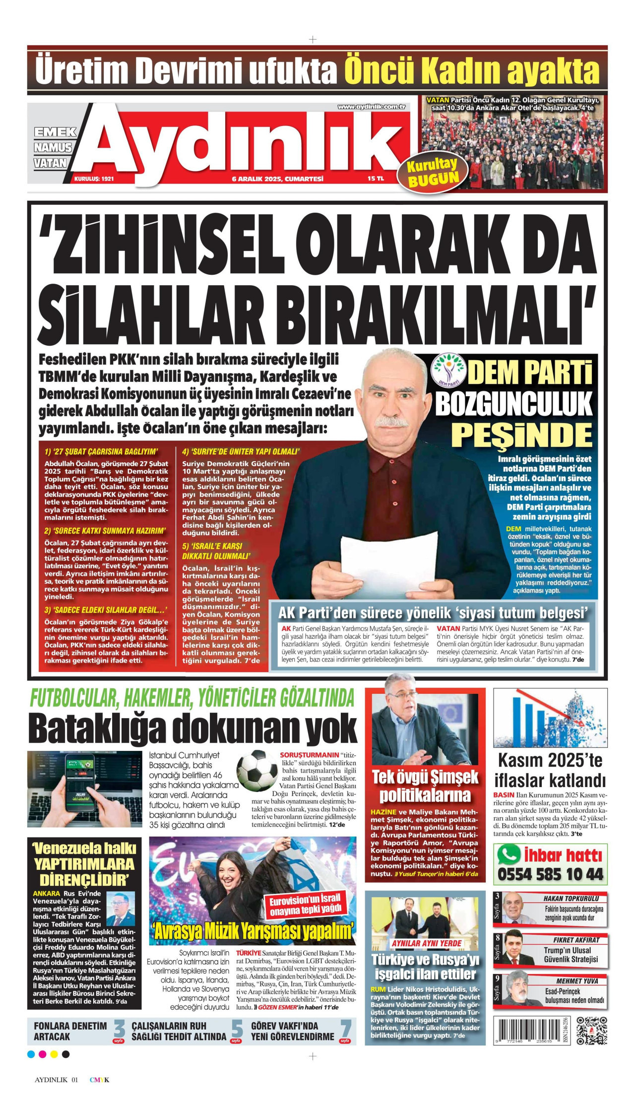 AYDINLIK GAZETESİ gazetesinin 6 Aralık 2025 tarihli birinci sayfası