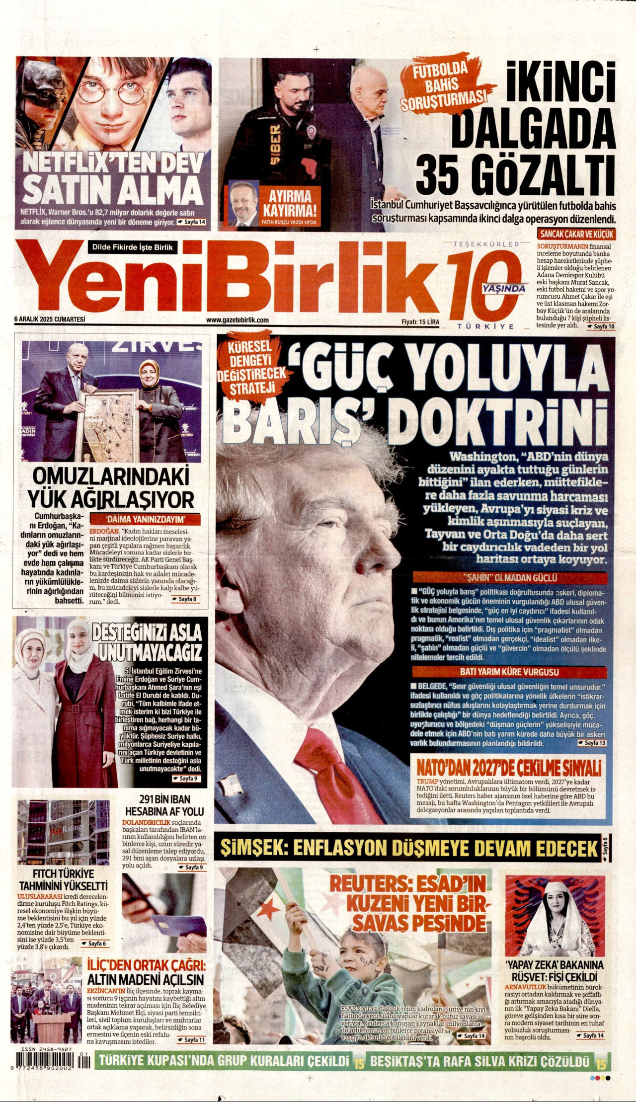 YENİBİRLİK gazetesinin 6 Aralık 2025 tarihli birinci sayfası