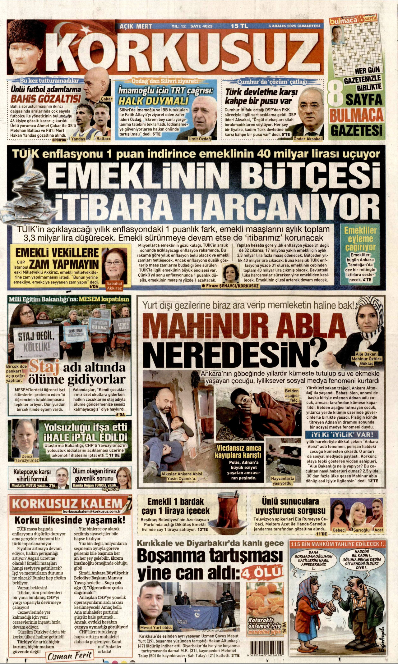 KORKUSUZ gazetesinin 6 Aralık 2025 tarihli birinci sayfası
