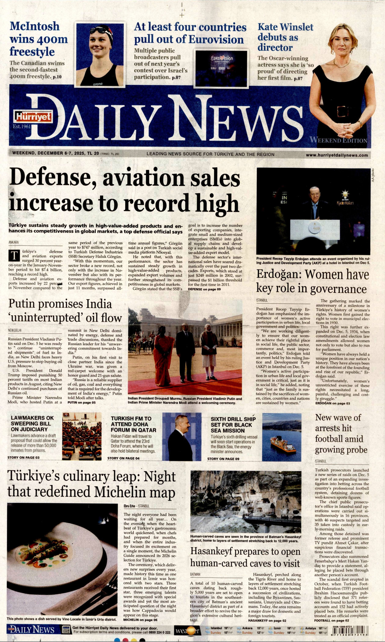 HÜRRİYET DAİLY NEWS gazetesinin 6 Aralık 2025 tarihli birinci sayfası