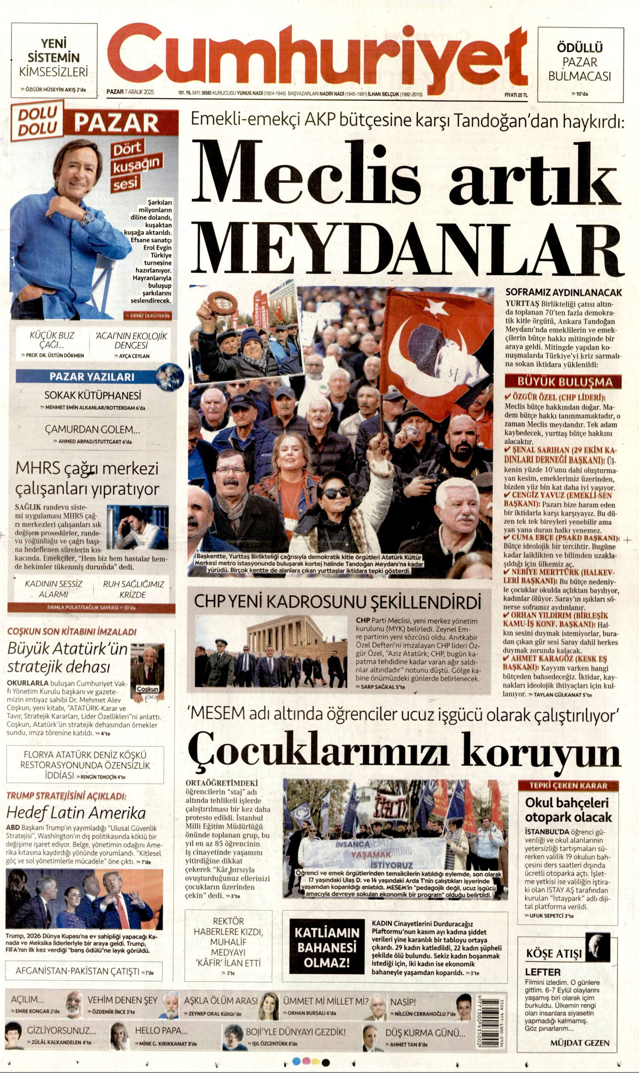 CUMHURİYET gazetesinin 7 Aralık 2025 tarihli birinci sayfası