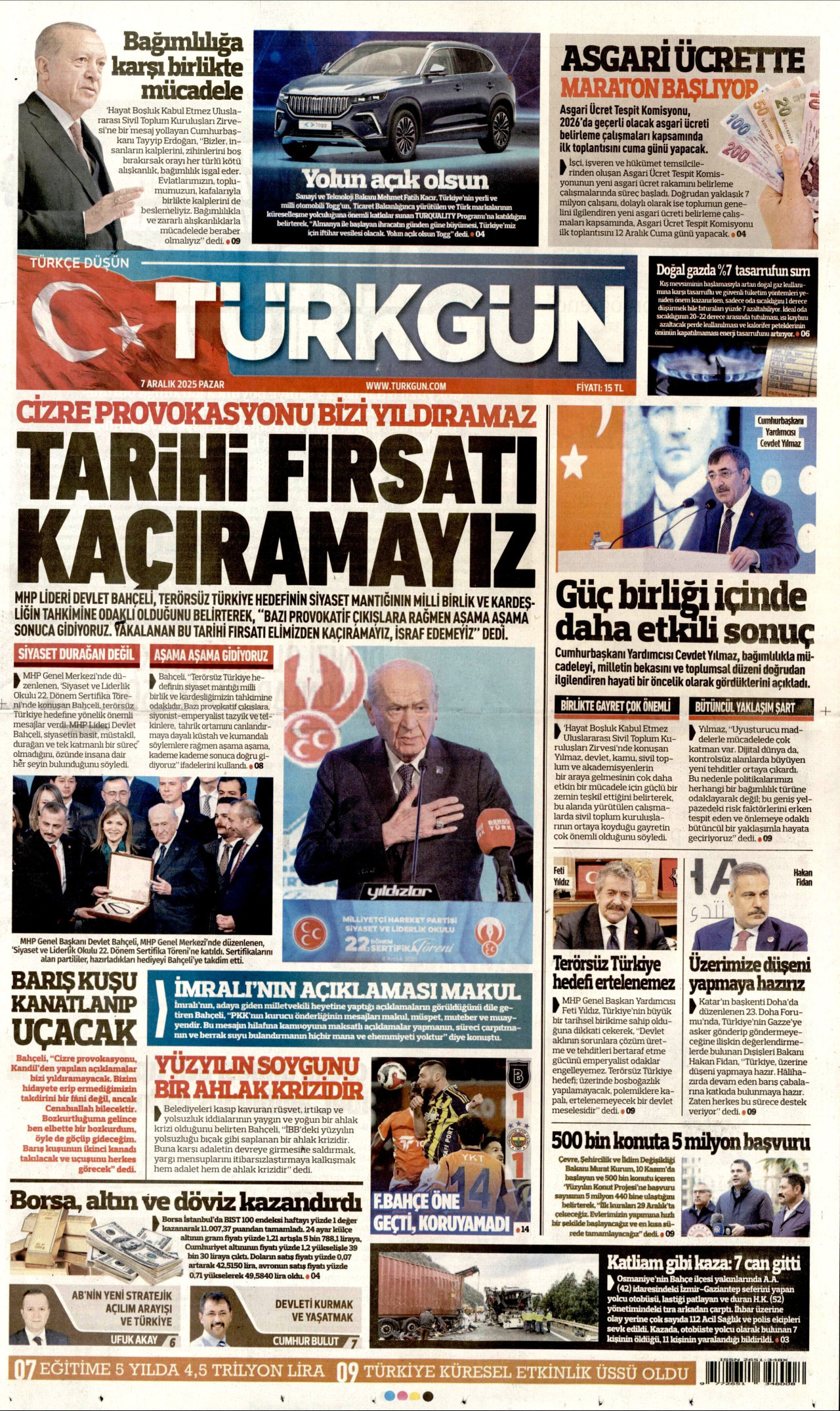 TÜRKGÜN gazetesinin 7 Aralık 2025 tarihli birinci sayfası