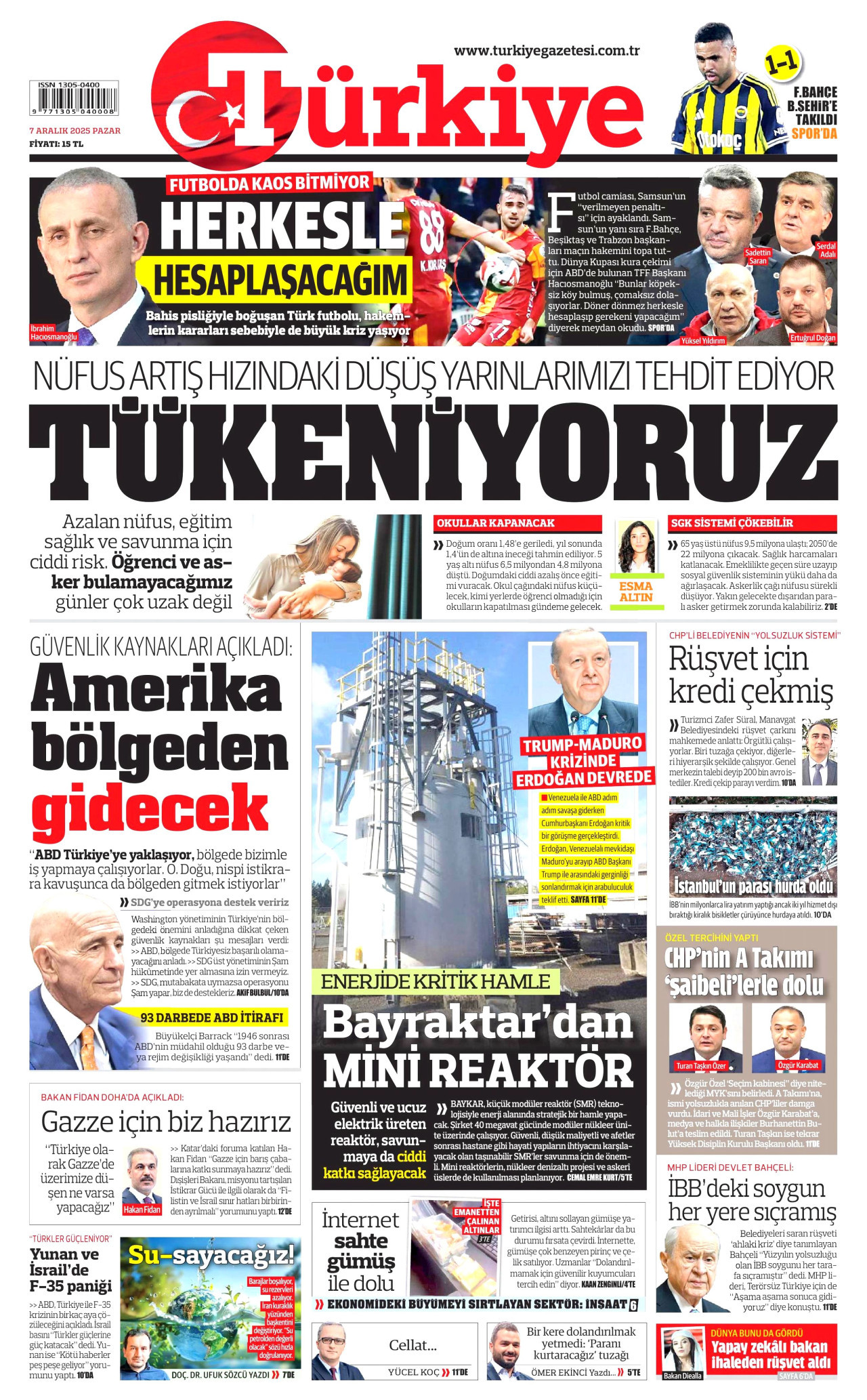 TÜRKİYE GAZETESİ gazetesinin 7 Aralık 2025 tarihli birinci sayfası