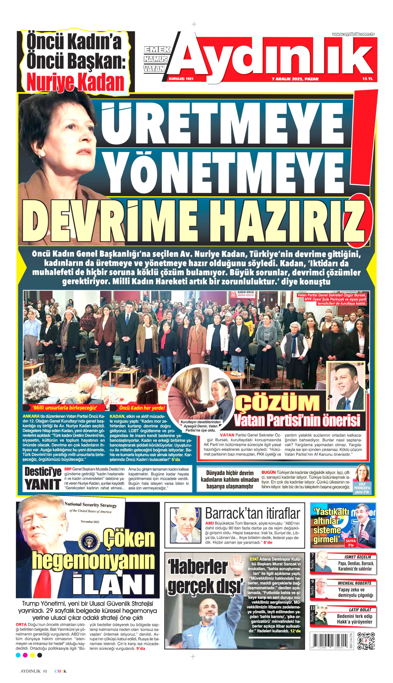 AYDINLIK GAZETESİ gazetesinin 7 Aralık 2025 tarihli birinci sayfası