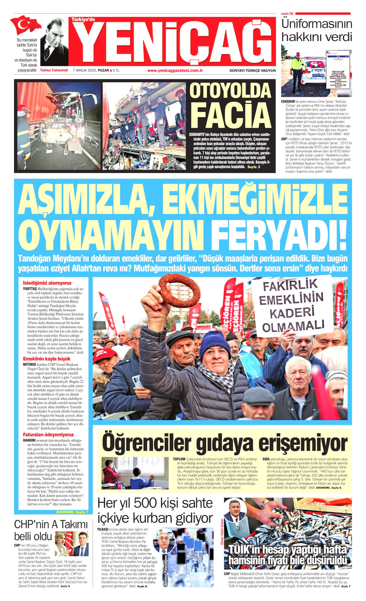 YENİÇAĞ gazetesinin 7 Aralık 2025 tarihli birinci sayfası