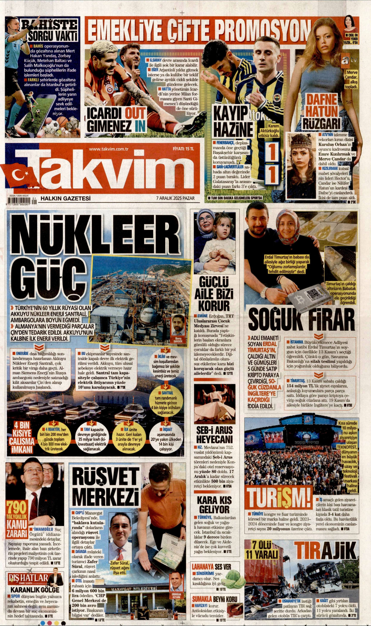 TAKVİM gazetesinin 7 Aralık 2025 tarihli birinci sayfası