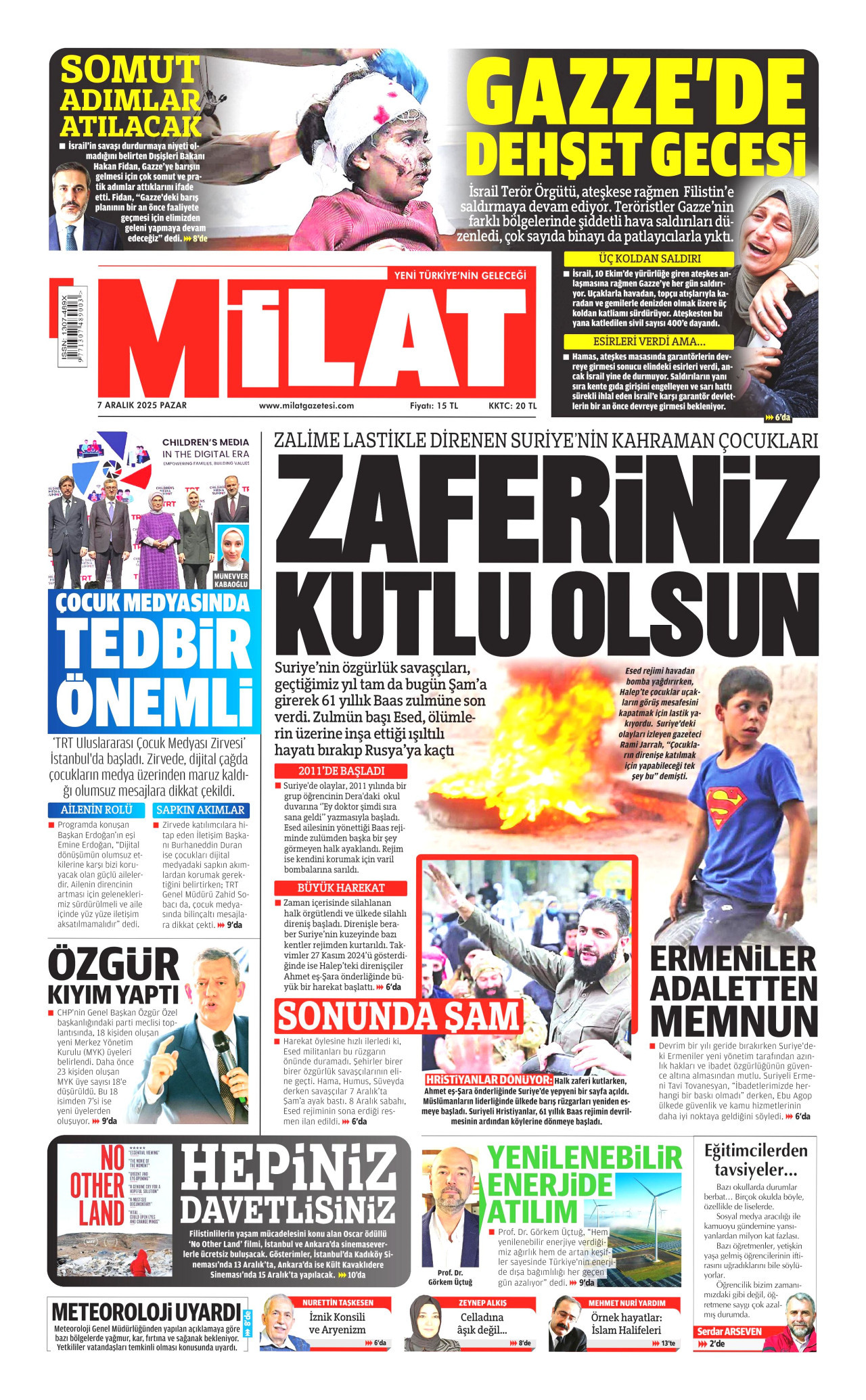MİLAT gazetesinin 7 Aralık 2025 tarihli birinci sayfası