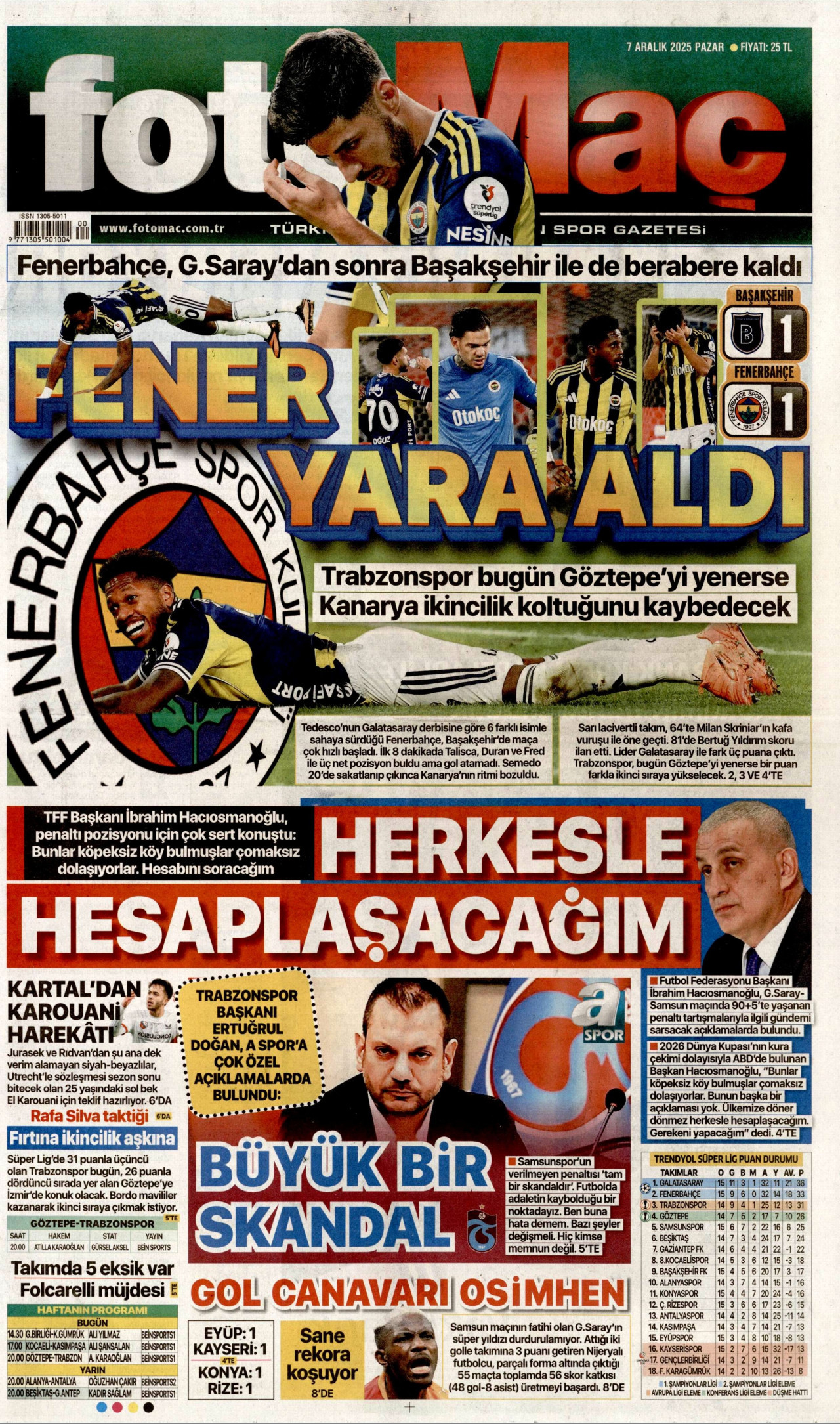 FOTOMAÇ gazetesinin 7 Aralık 2025 tarihli birinci sayfası
