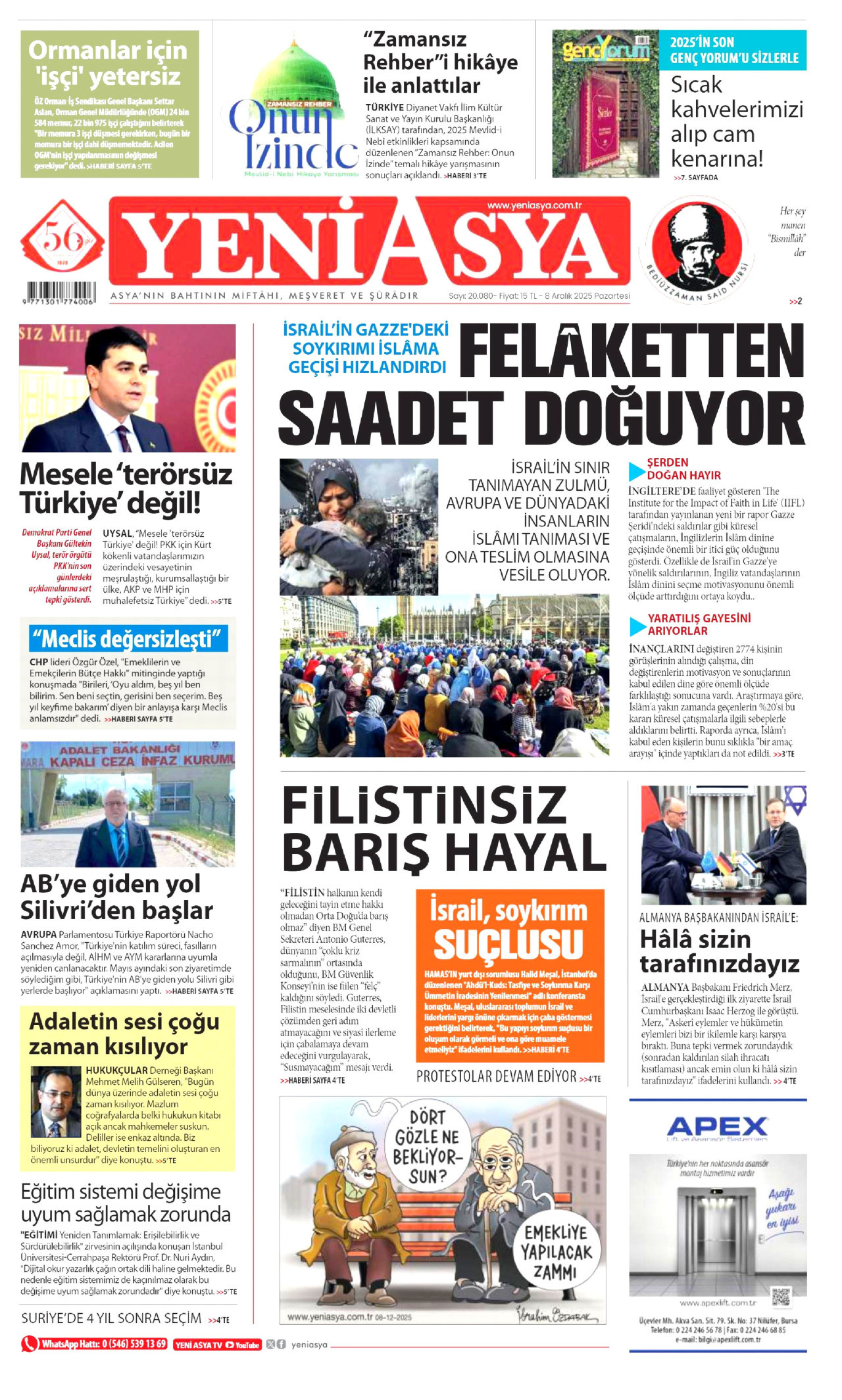 YENİ ASYA gazetesinin 8 Aralık 2025 tarihli birinci sayfası
