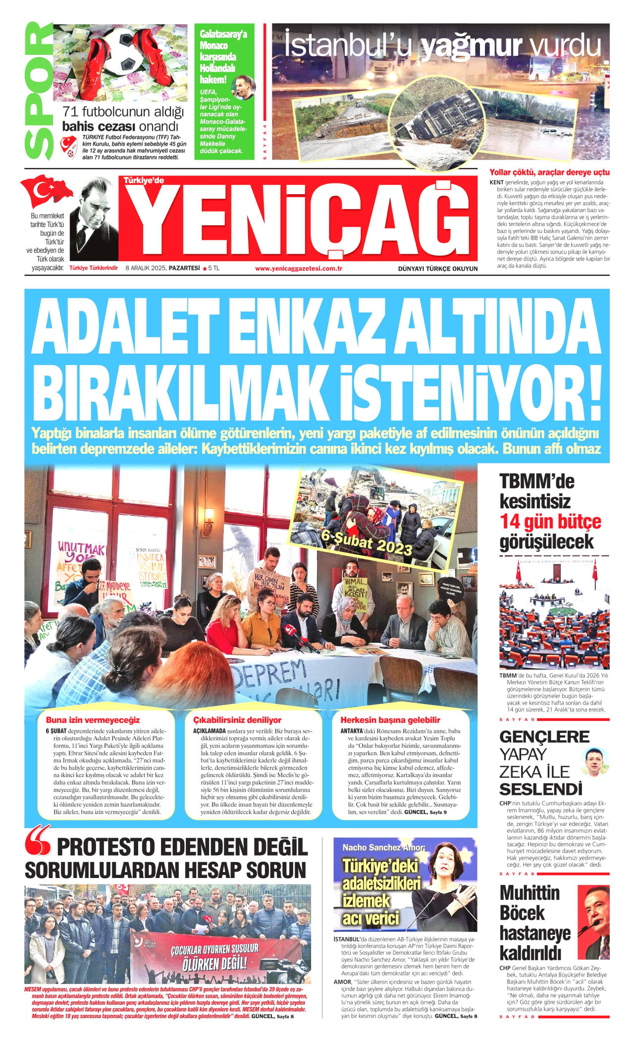 YENİÇAĞ gazetesinin 8 Aralık 2025 tarihli birinci sayfası