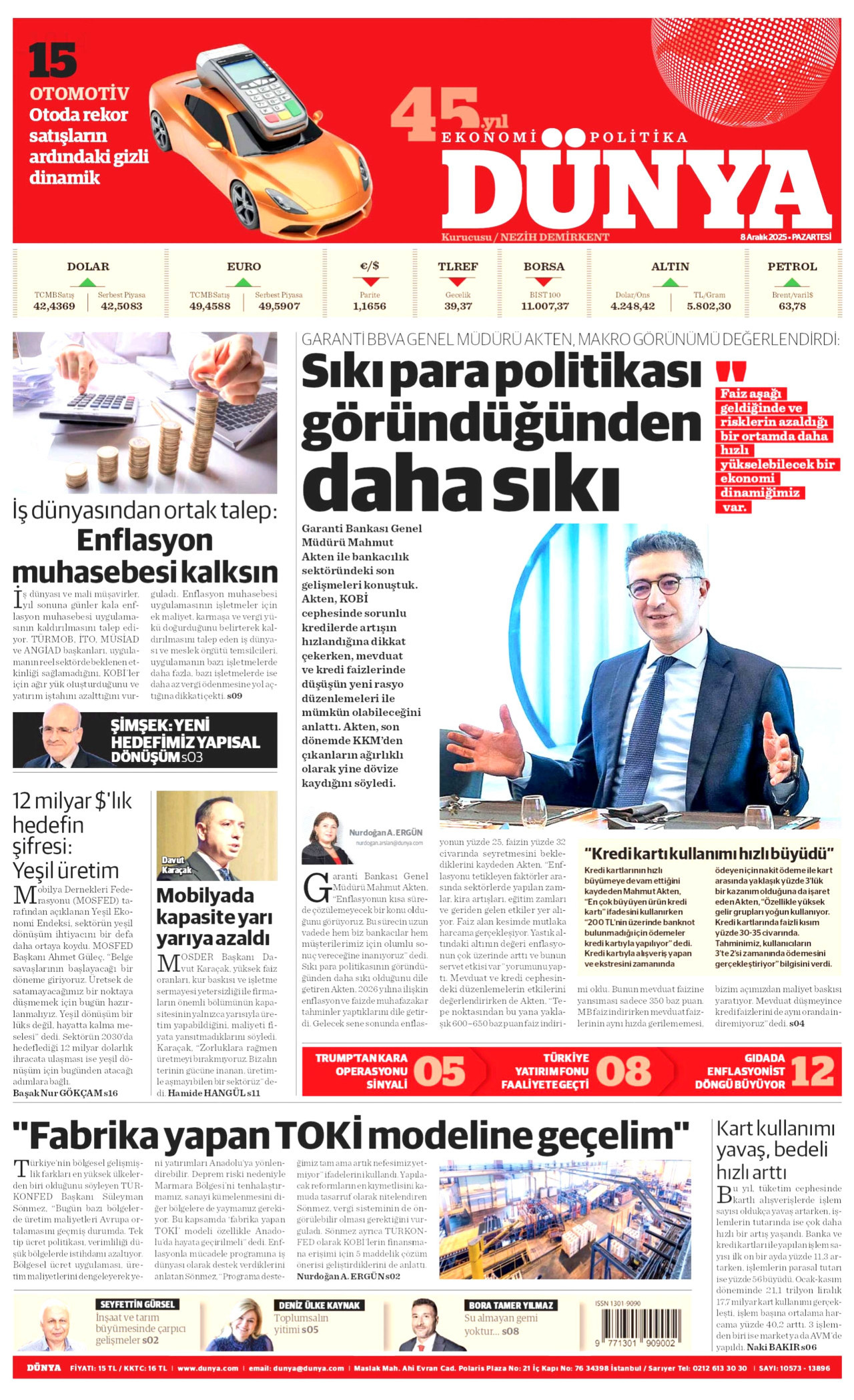 DÜNYA gazetesinin 8 Aralık 2025 tarihli birinci sayfası