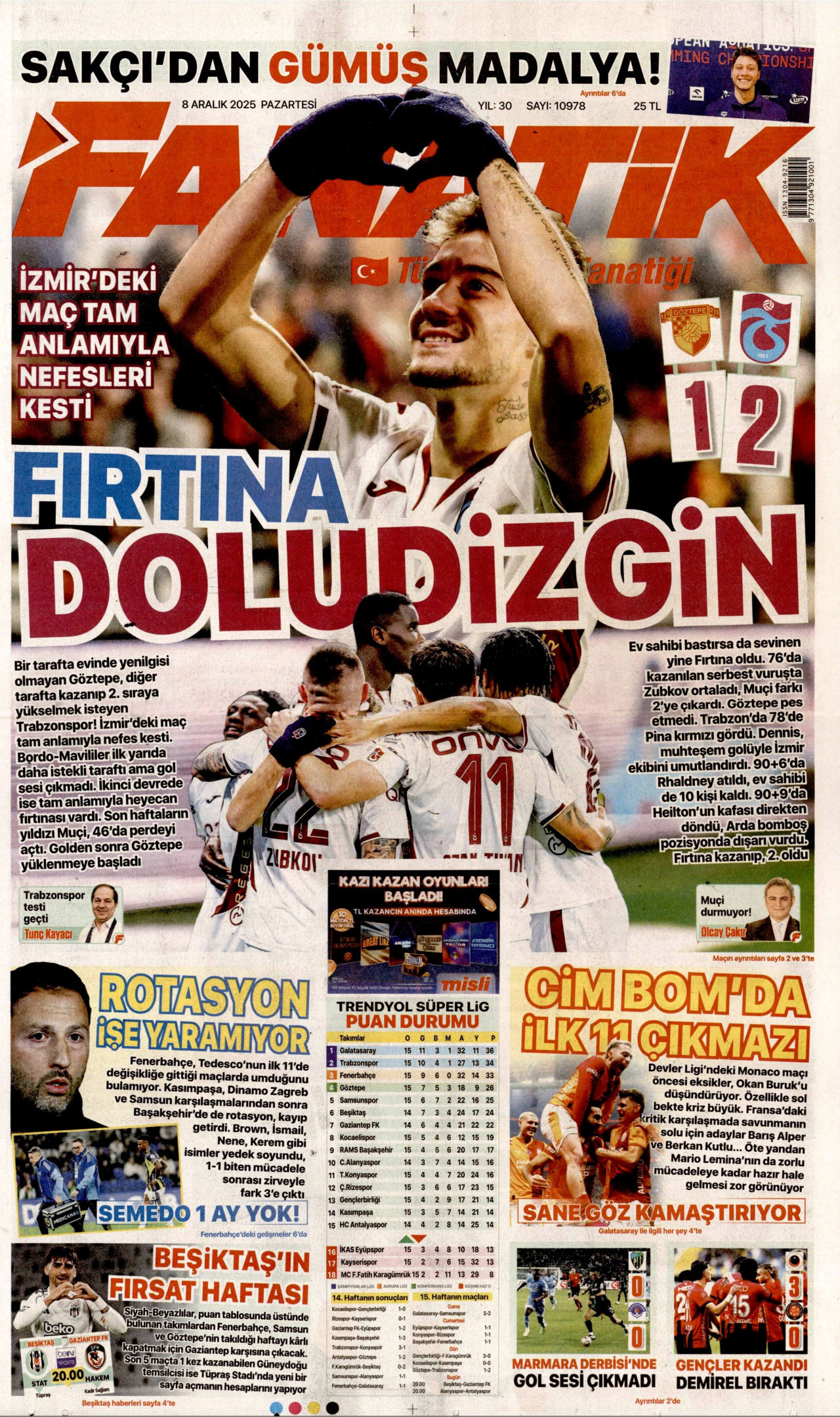 FANATİK gazetesinin 8 Aralık 2025 tarihli birinci sayfası