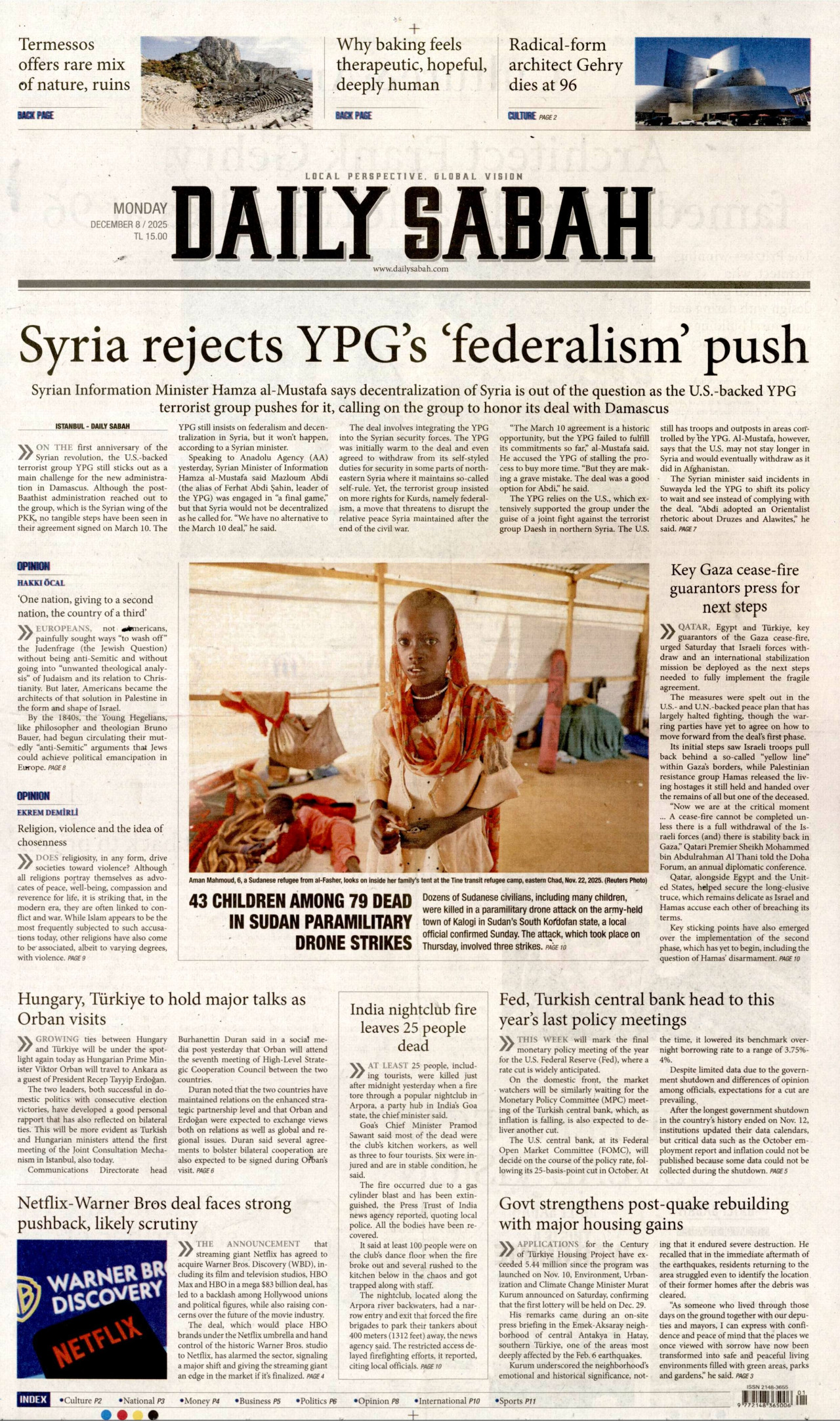 DAİLY SABAH gazetesinin 8 Aralık 2025 tarihli birinci sayfası