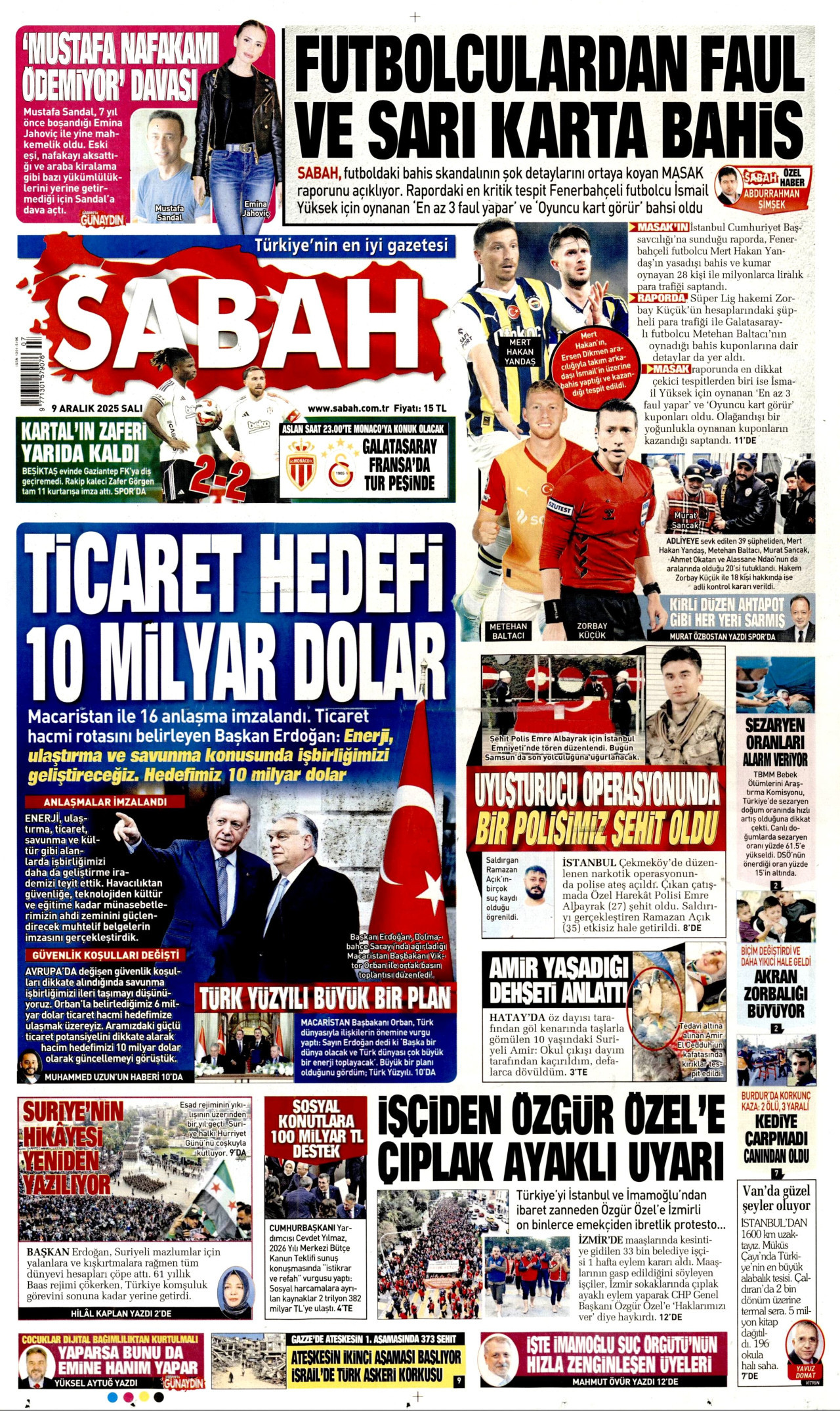 SABAH gazetesinin 9 Aralık 2025 tarihli birinci sayfası