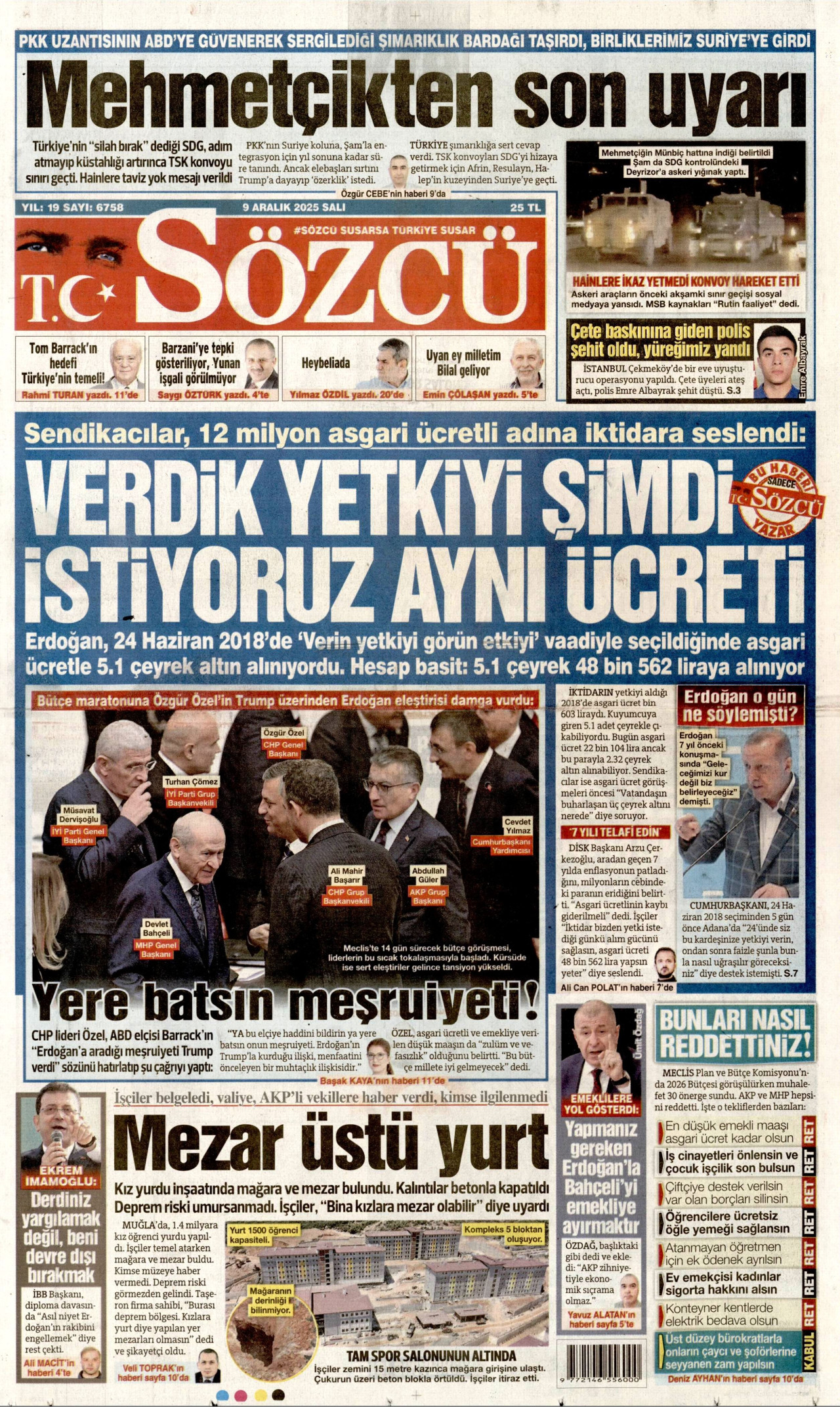 SÖZCÜ gazetesinin 9 Aralık 2025 tarihli birinci sayfası