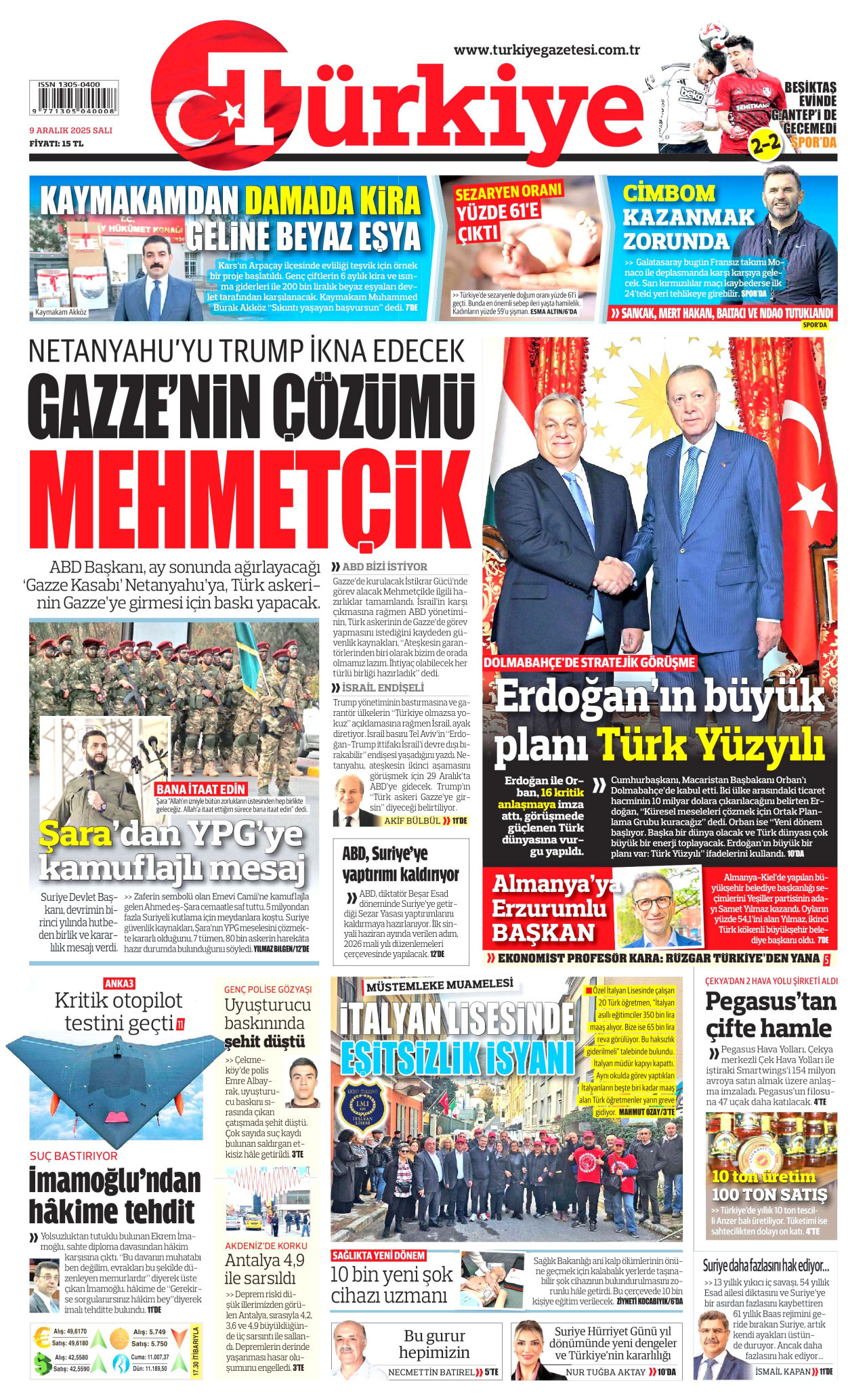 TÜRKİYE GAZETESİ gazetesinin 9 Aralık 2025 tarihli birinci sayfası