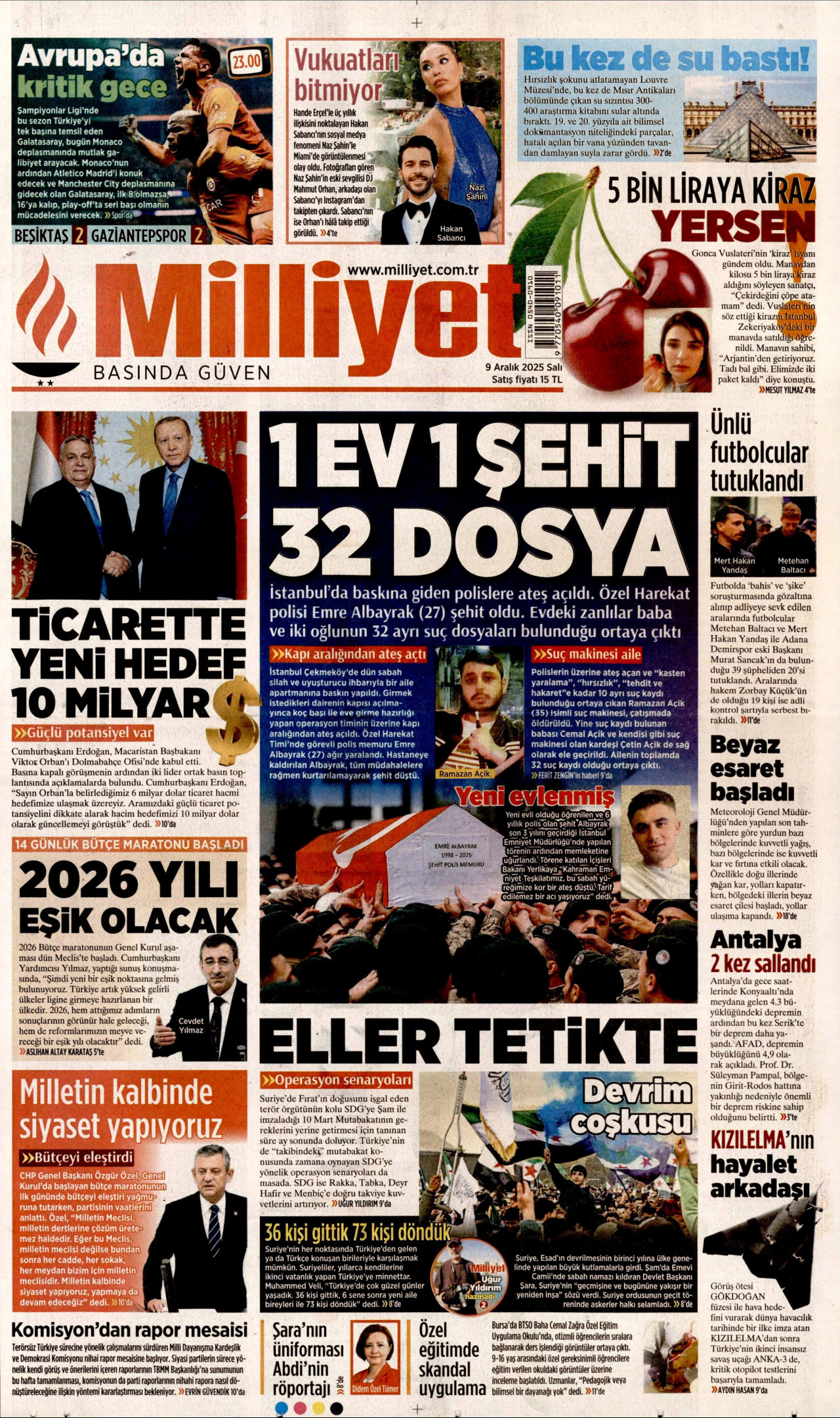 MİLLİYET gazetesinin 9 Aralık 2025 tarihli birinci sayfası