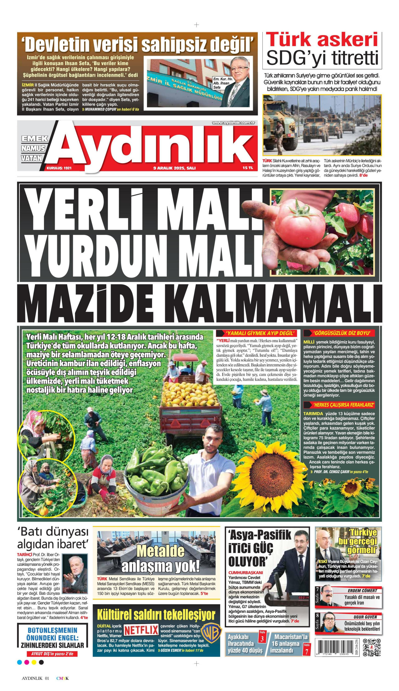 AYDINLIK GAZETESİ gazetesinin 9 Aralık 2025 tarihli birinci sayfası