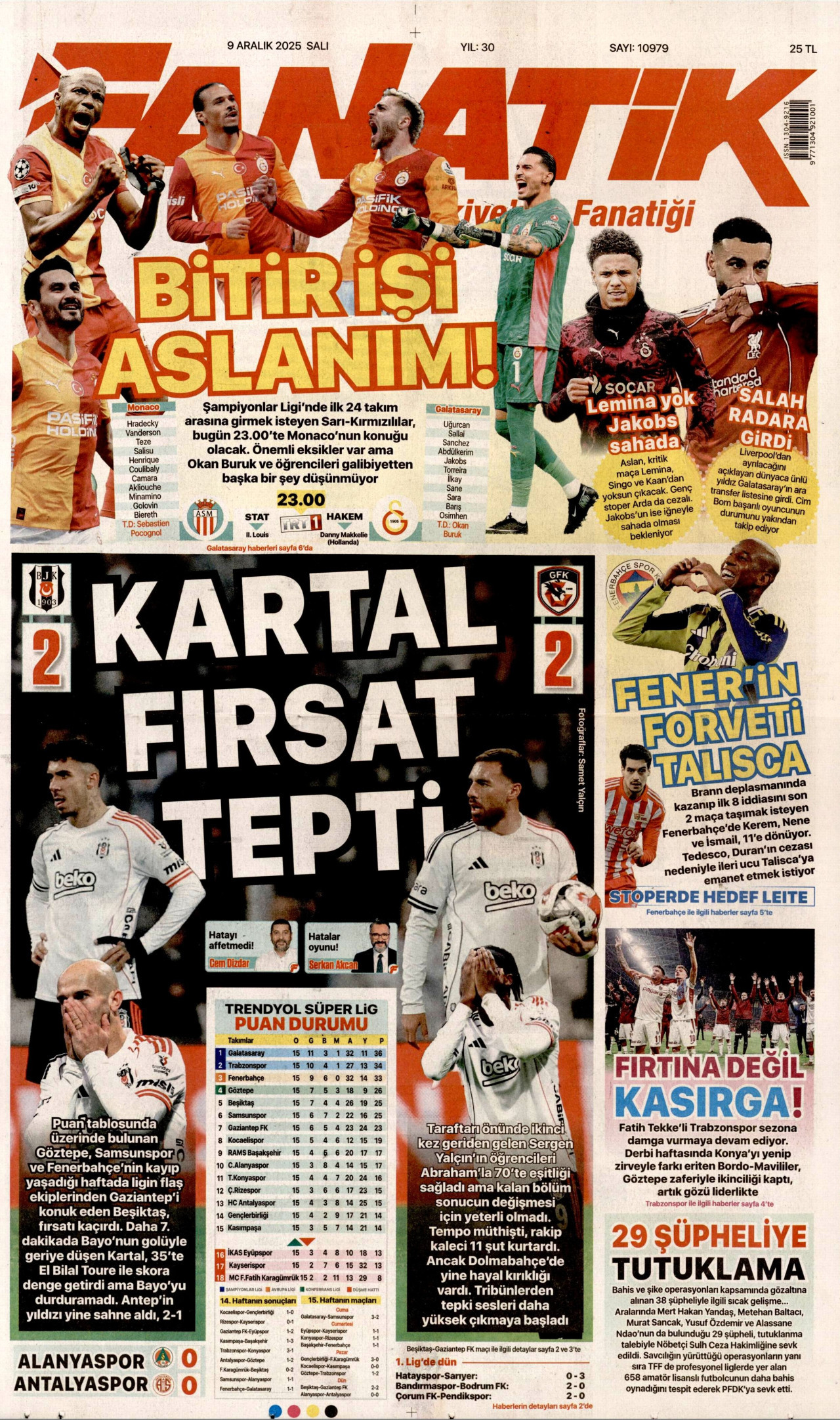 FANATİK gazetesinin 9 Aralık 2025 tarihli birinci sayfası