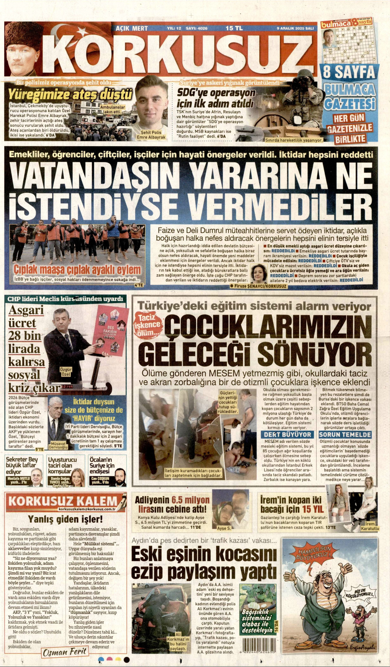 KORKUSUZ gazetesinin 9 Aralık 2025 tarihli birinci sayfası