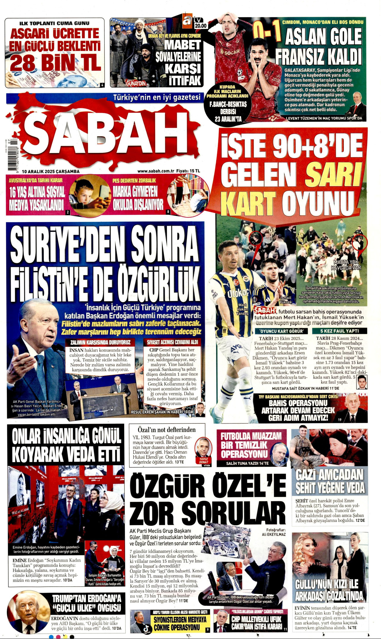 SABAH gazetesinin 10 Aralık 2025 tarihli birinci sayfası