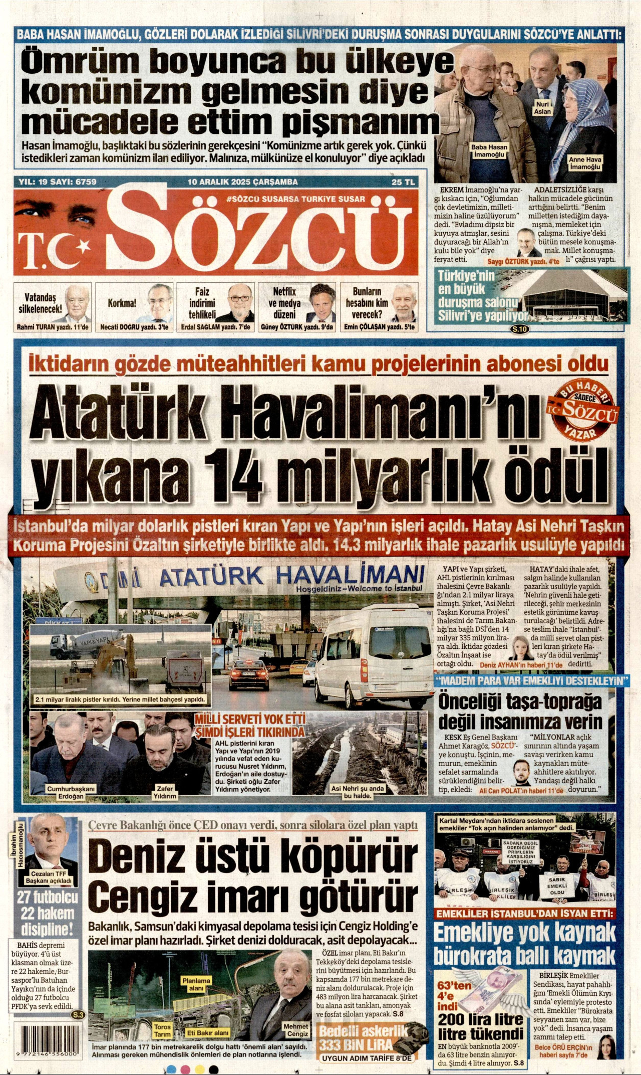 SÖZCÜ gazetesinin 10 Aralık 2025 tarihli birinci sayfası