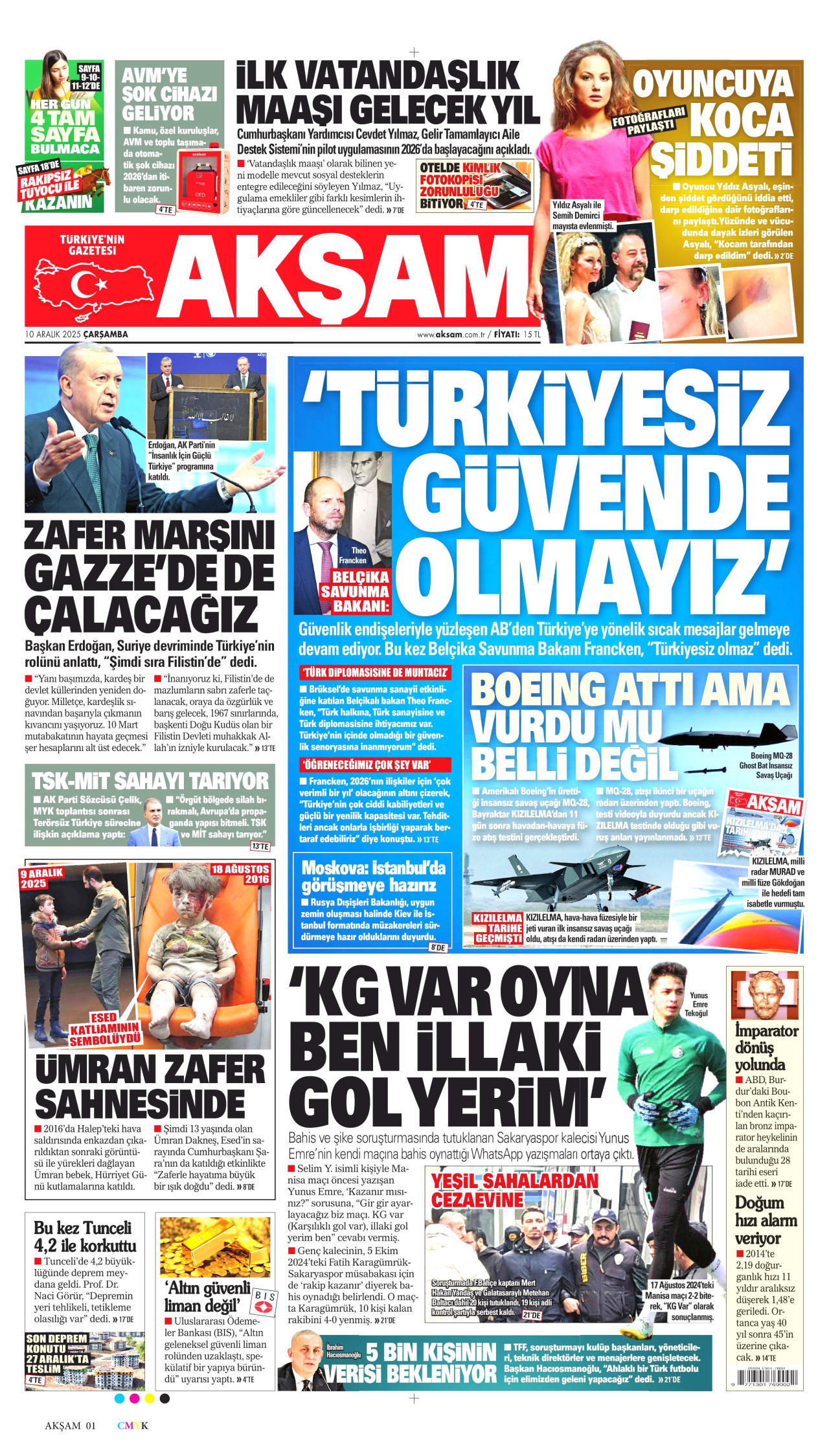 AKŞAM gazetesinin 10 Aralık 2025 tarihli birinci sayfası