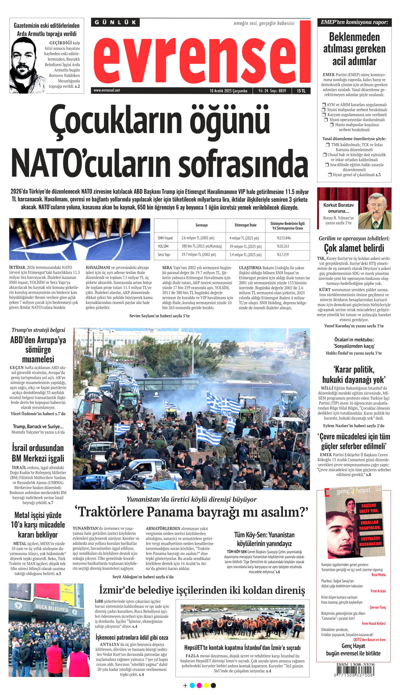 EVRENSEL gazetesinin 10 Aralık 2025 tarihli birinci sayfası
