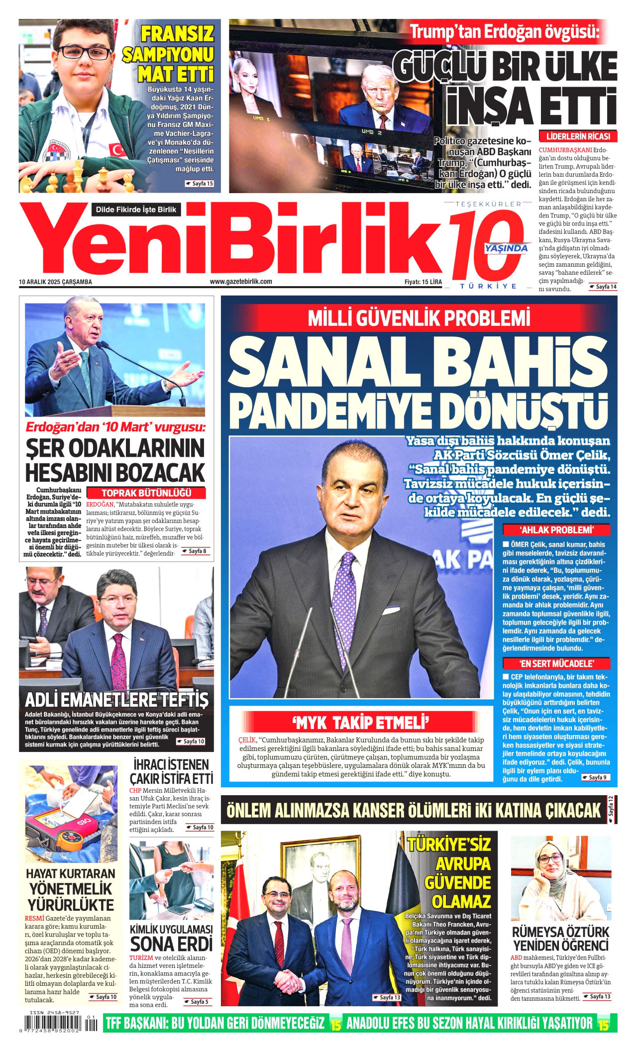 YENİBİRLİK gazetesinin 10 Aralık 2025 tarihli birinci sayfası
