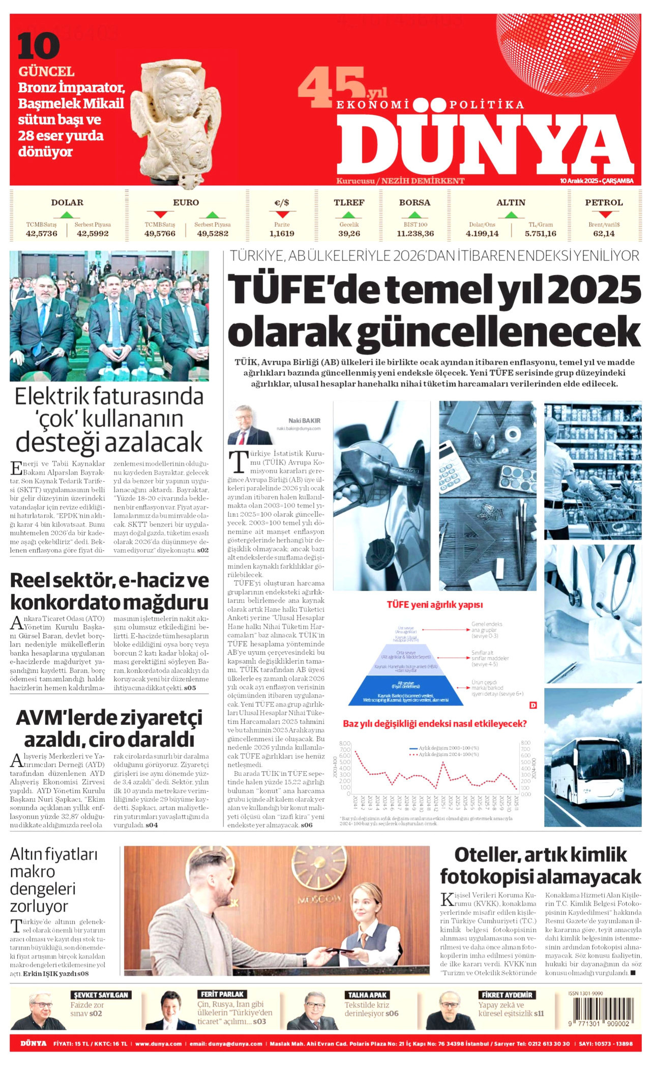 DÜNYA gazetesinin 10 Aralık 2025 tarihli birinci sayfası