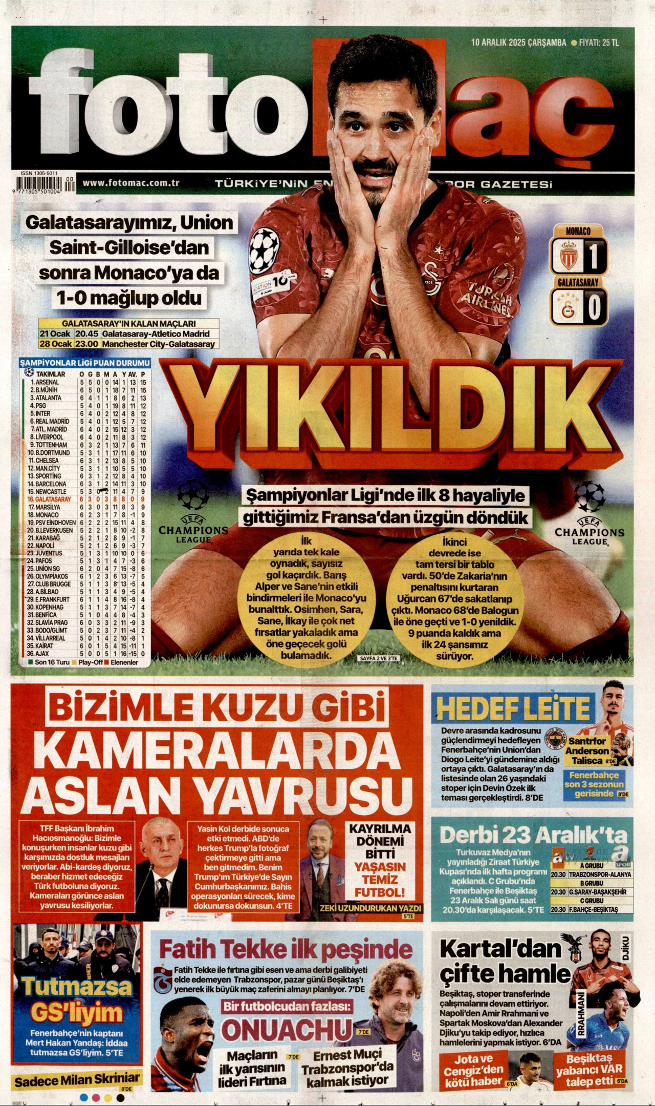 FOTOMAÇ gazetesinin 10 Aralık 2025 tarihli birinci sayfası